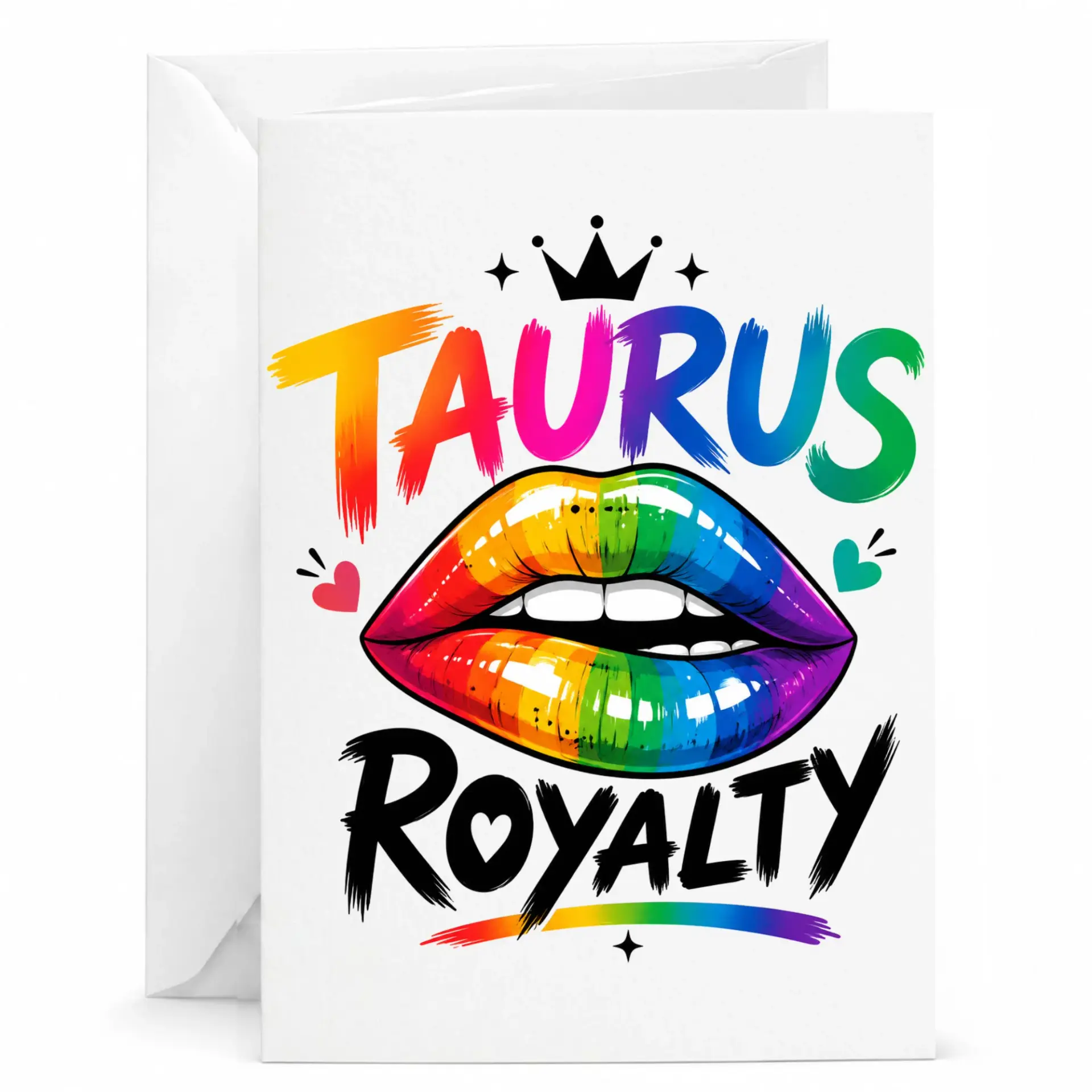 Greeting Card Taurus Royalty Rainbow Lips Design Astrological Sign Birthday Card 5x7 Inches with White Envelope