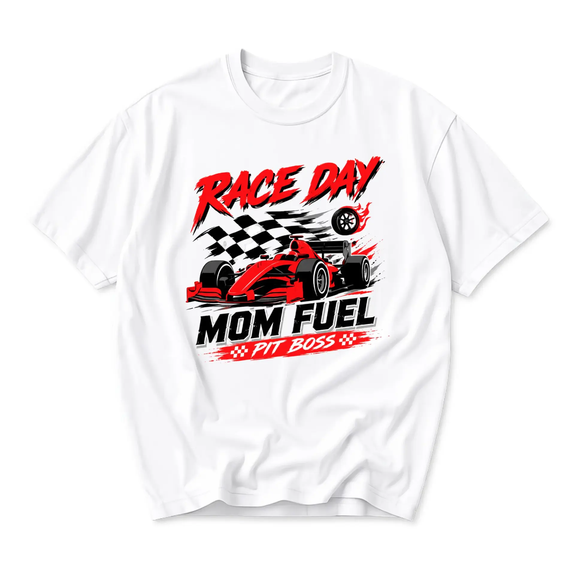 Funny Shirt Race Day Mom Fuel Pit Boss Graphic Tee Unisex Crew Neck Casual Everyday Wear Soft Cotton Blend T-Shirt