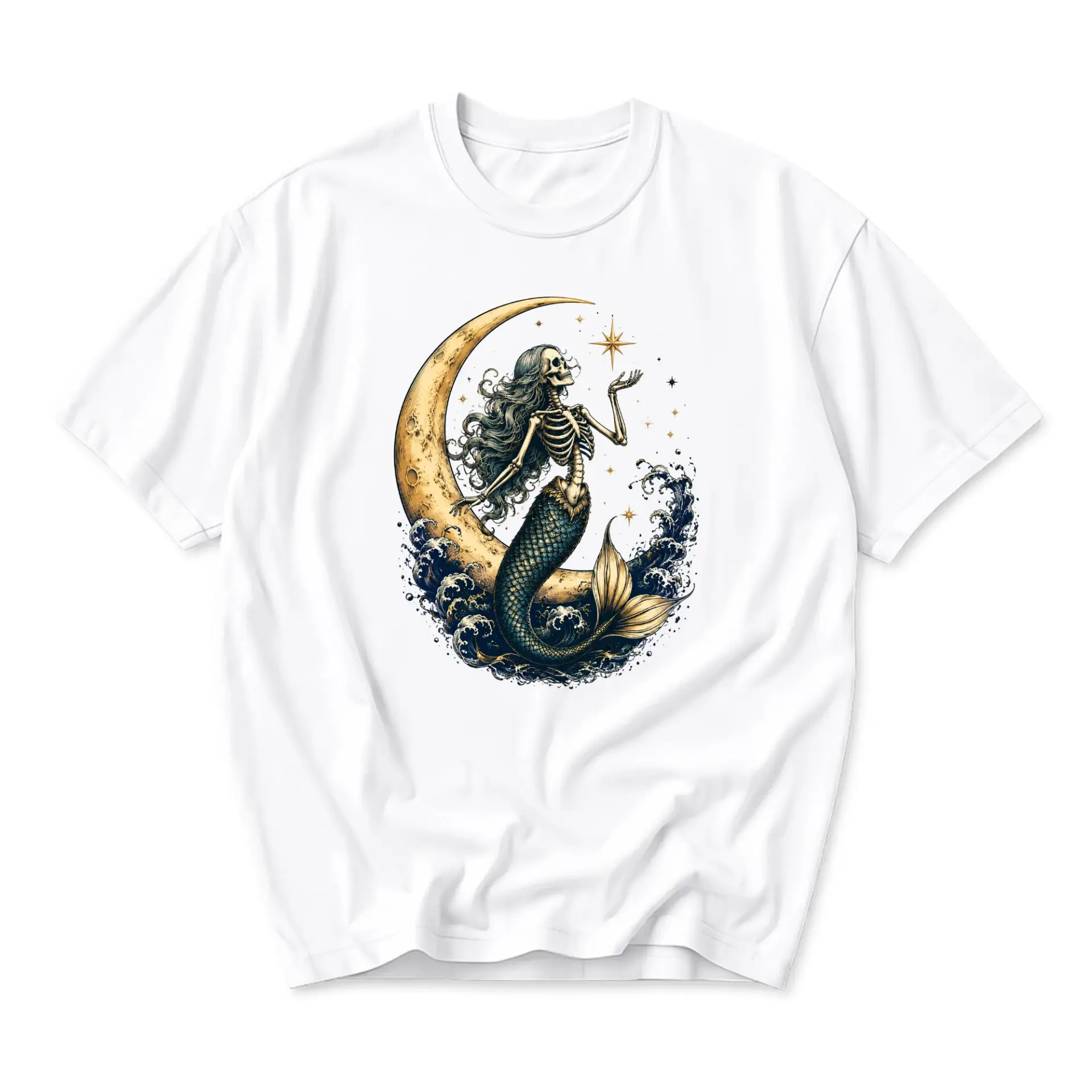 Graphic Tee Skeleton Mermaid Sitting on Moon Illustration Unisex Crew Neck Soft Cotton Short Sleeve Everyday Casual Shirt