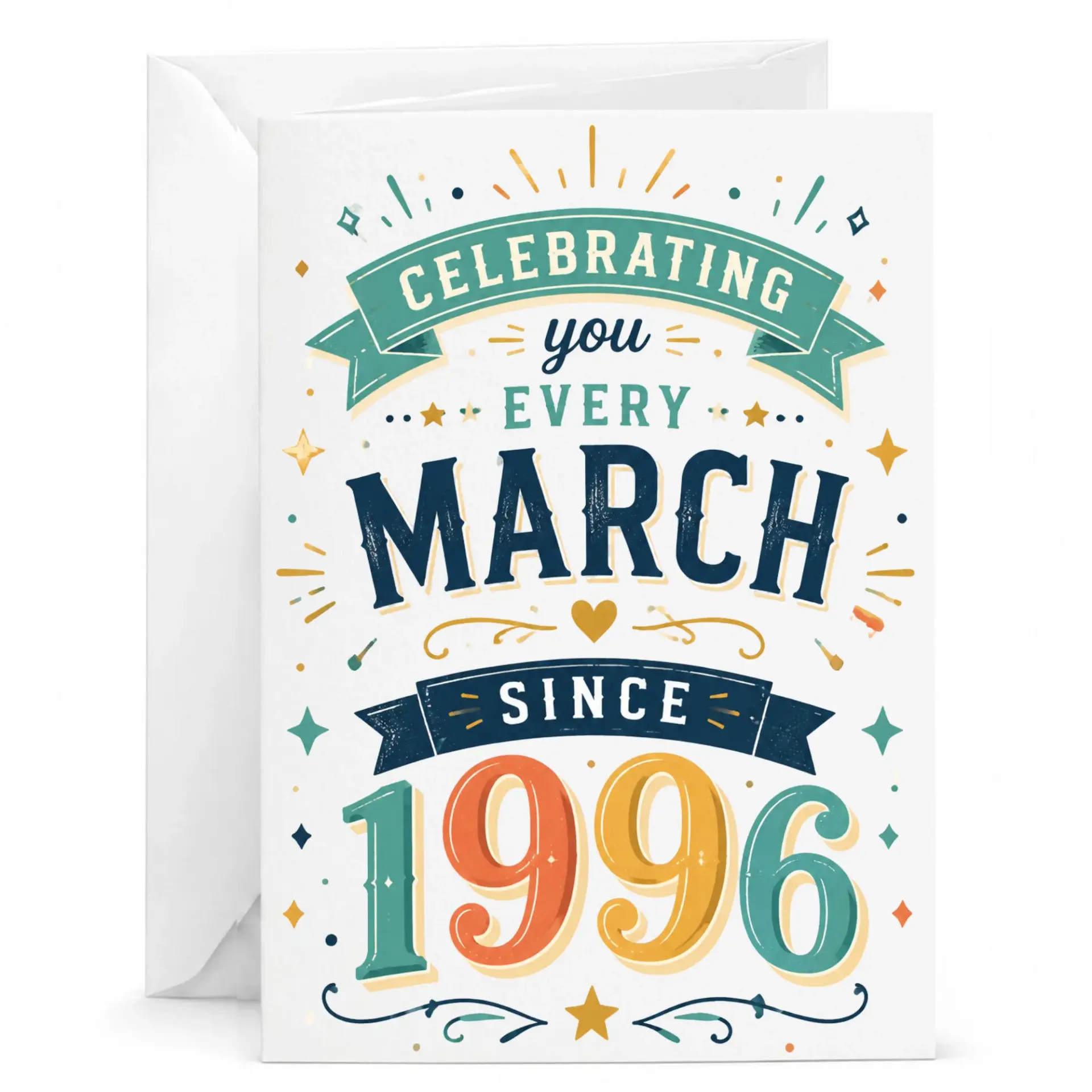Birthday Greeting Card Celebrating You Every March Since 1996 Vintage Inspired Anniversary and Celebration Stationery