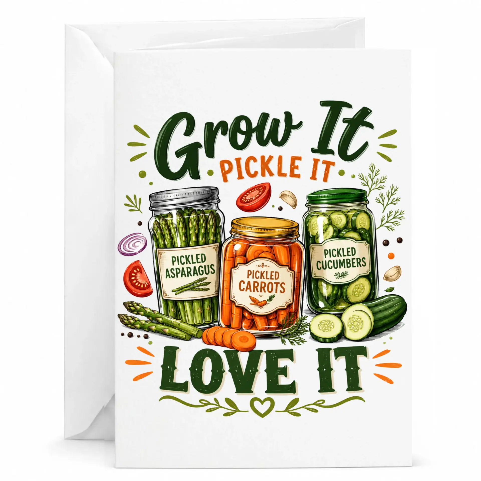 Funny Vegetable Gardening Greeting Card for Foodie Pickle Enthusiasts Featuring Illustrated Jar Designs and Humorous Text