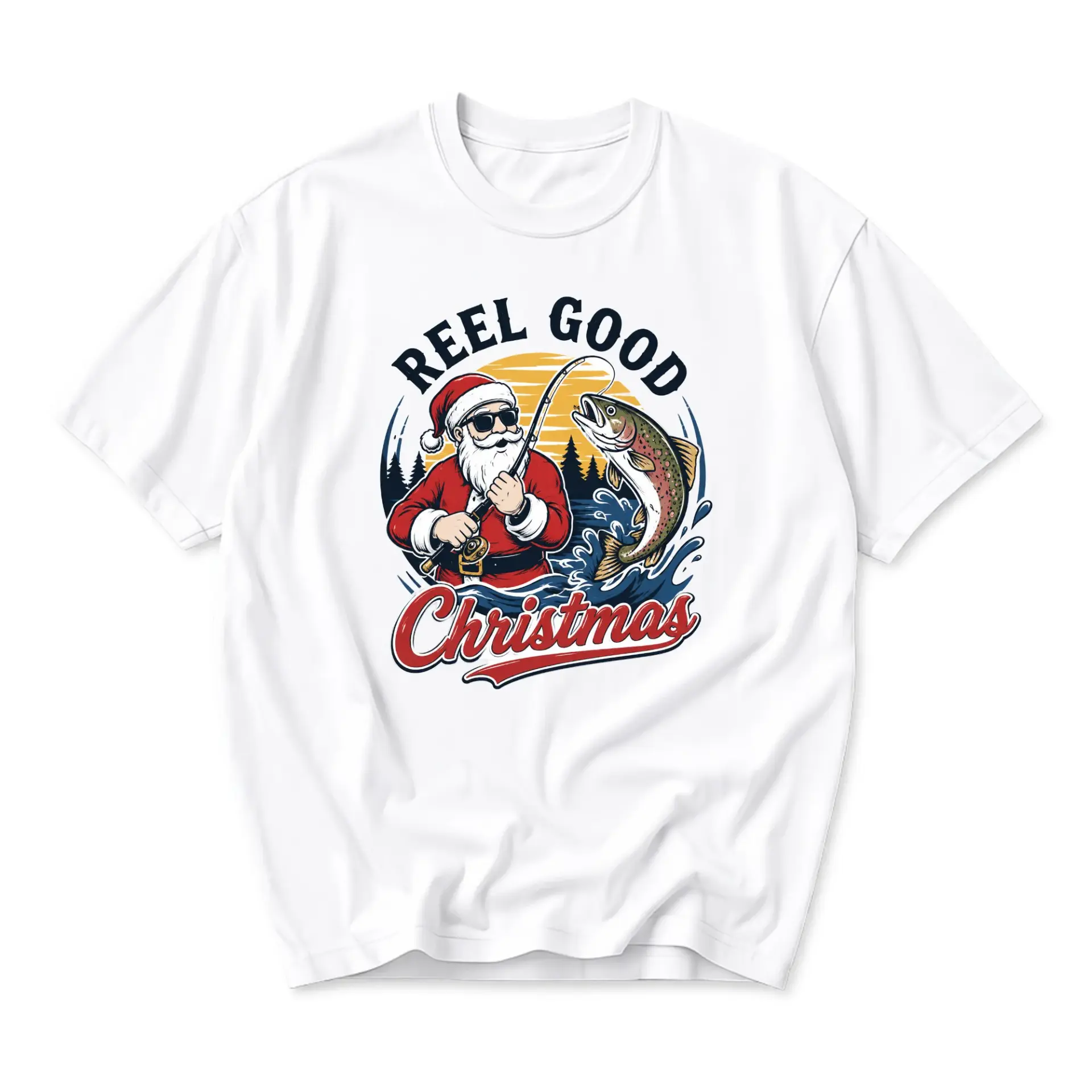 Funny Shirt Reel Good Christmas Santa Fishing Graphic Tee Holiday Seasonal