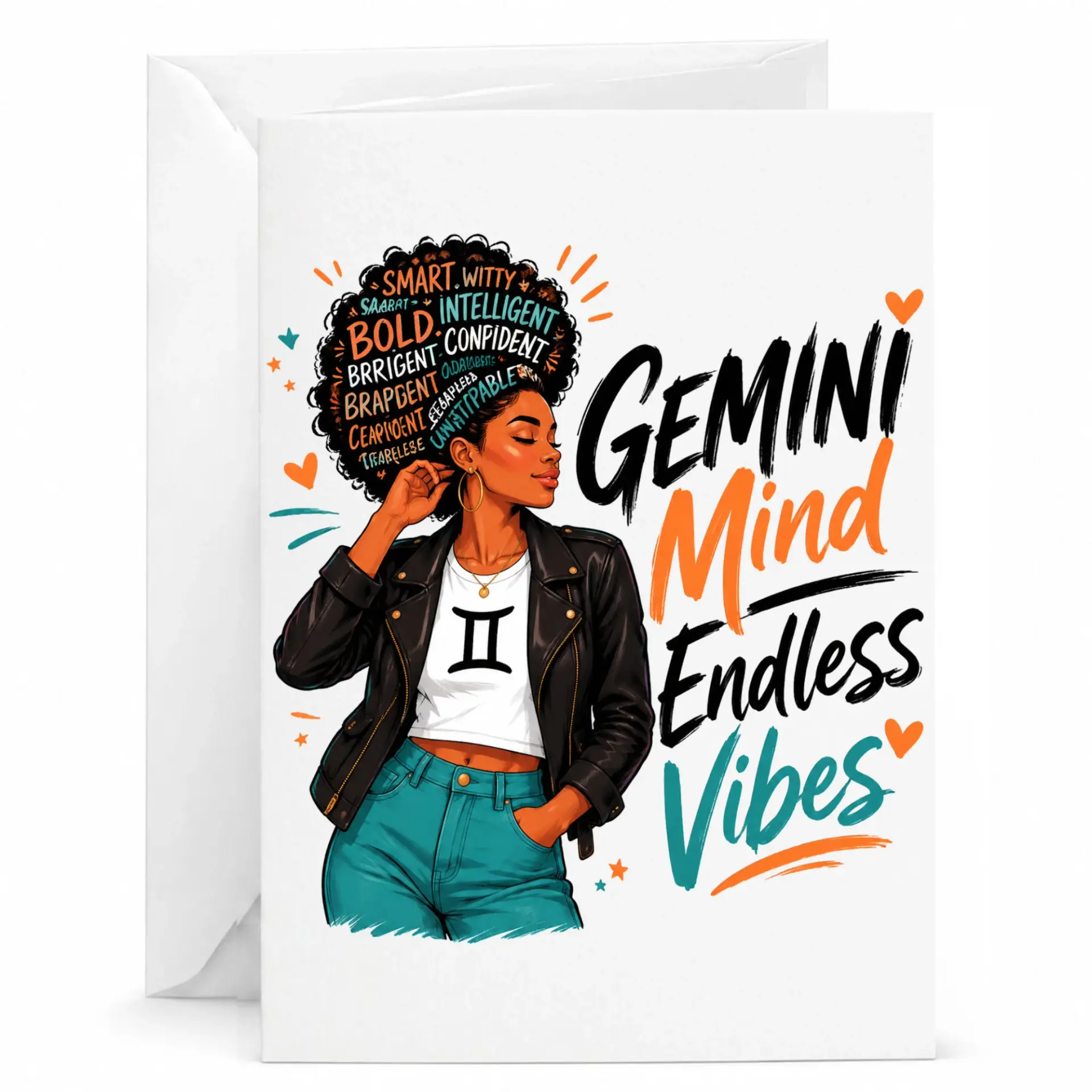 Greeting Card Gemini Mind Endless Vibes Illustrated Astrology Birthday Stationery with Matching White Envelope