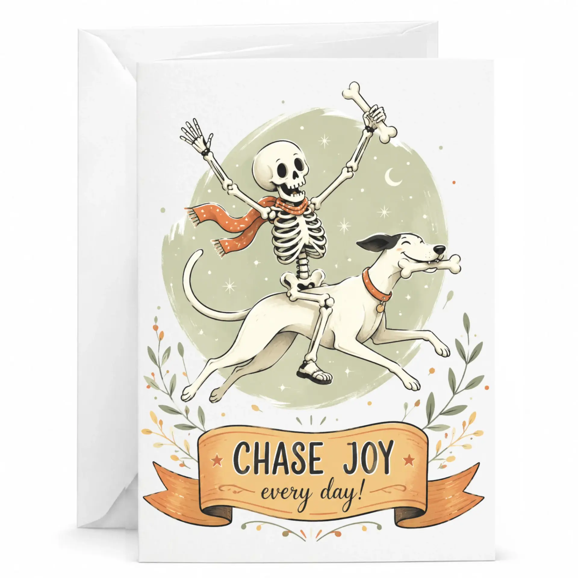 Funny Greeting Card Featuring a Cheerful Skeleton Riding a Dog with Text Illustration