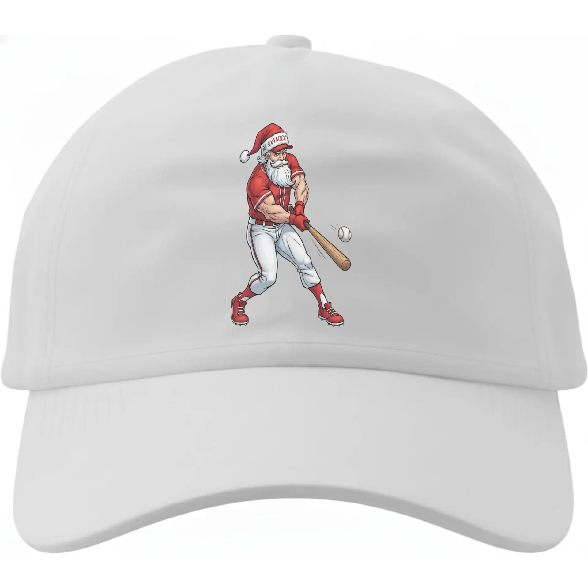 Baseball Cap Featuring Athletic Santa Claus Swinging Bat Graphic Holiday Sporty White Cotton Dad Hat Accessory