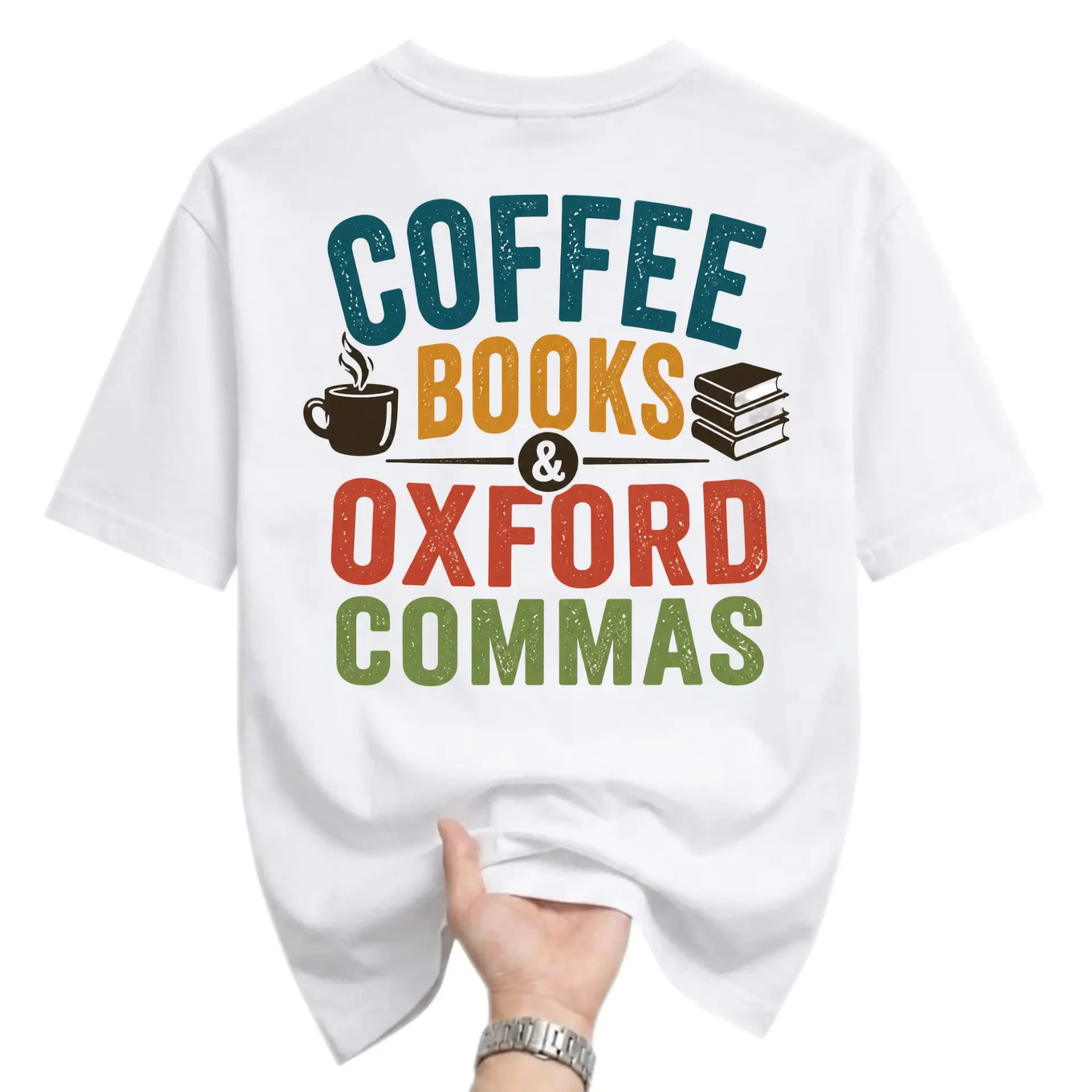 Graphic Tee Coffee Books and Oxford Commas Casual Crew Neck T-Shirt for Readers and Writers Enthusiast Apparel