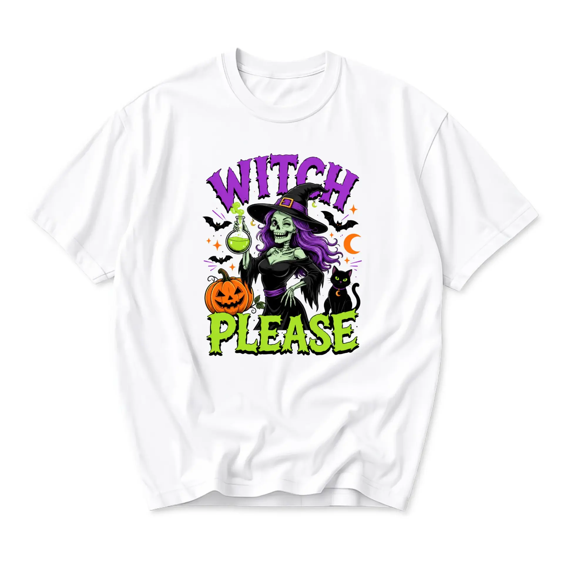 Graphic Tee Unisex Crew Neck Witch Please Skeleton Halloween Shirt Soft Cotton Breathable Everyday Casual Apparel