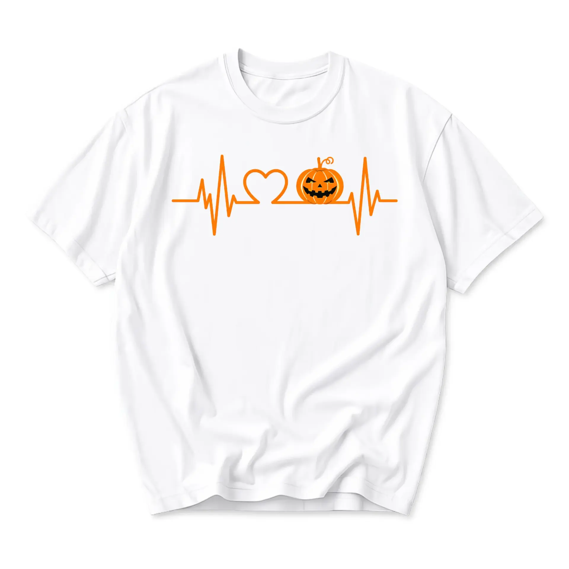 Funny Shirt Heartbeat Ekg Pulse Line with a Jack O Lantern Pumpkin Unisex Graphic Printed T-Shirt for Casual Wear