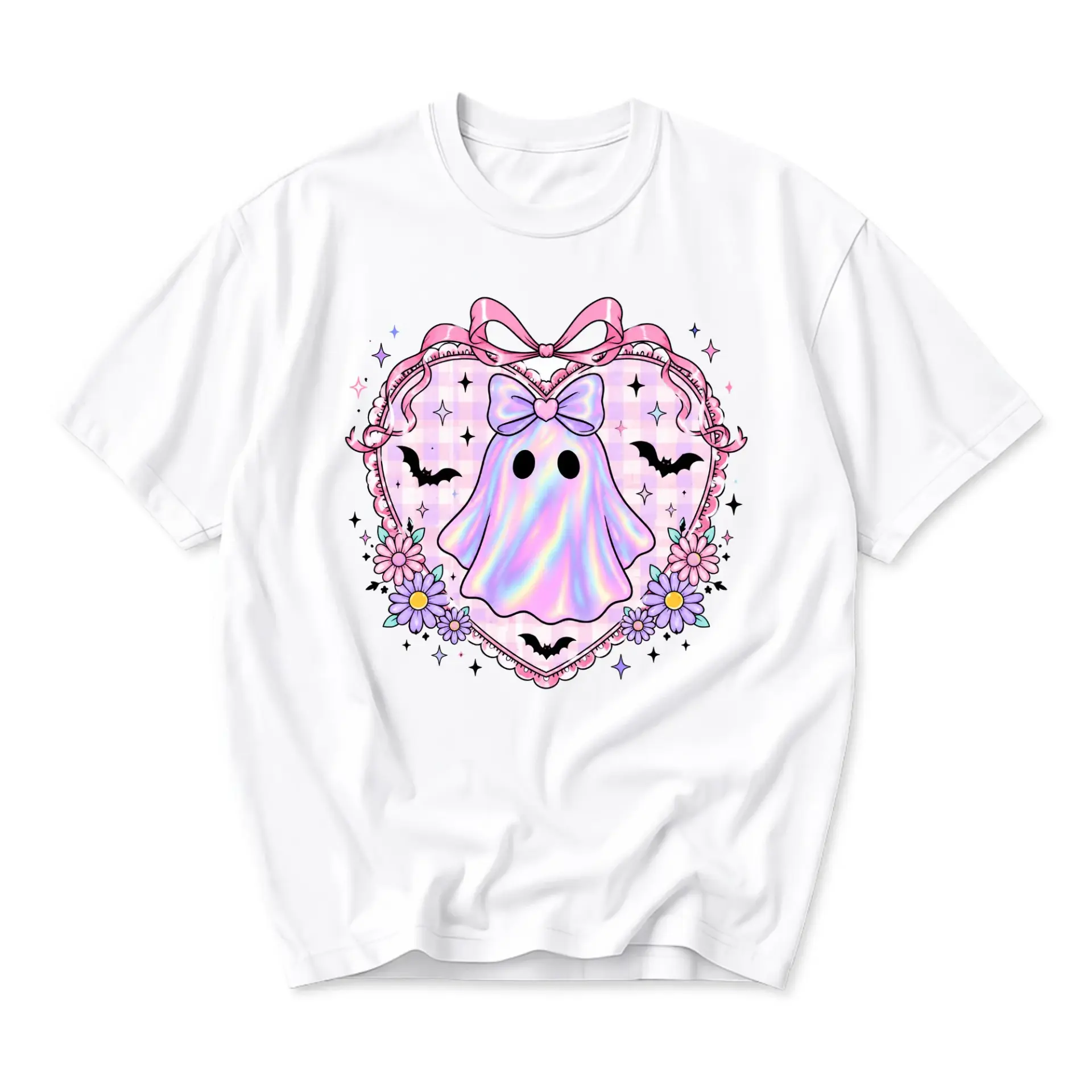 Graphic Tee Unisex Ghost Heart Bow T-Shirt Pastel Goth Aesthetic Cute Spooky Shirt Casual Everyday Apparel for Adults