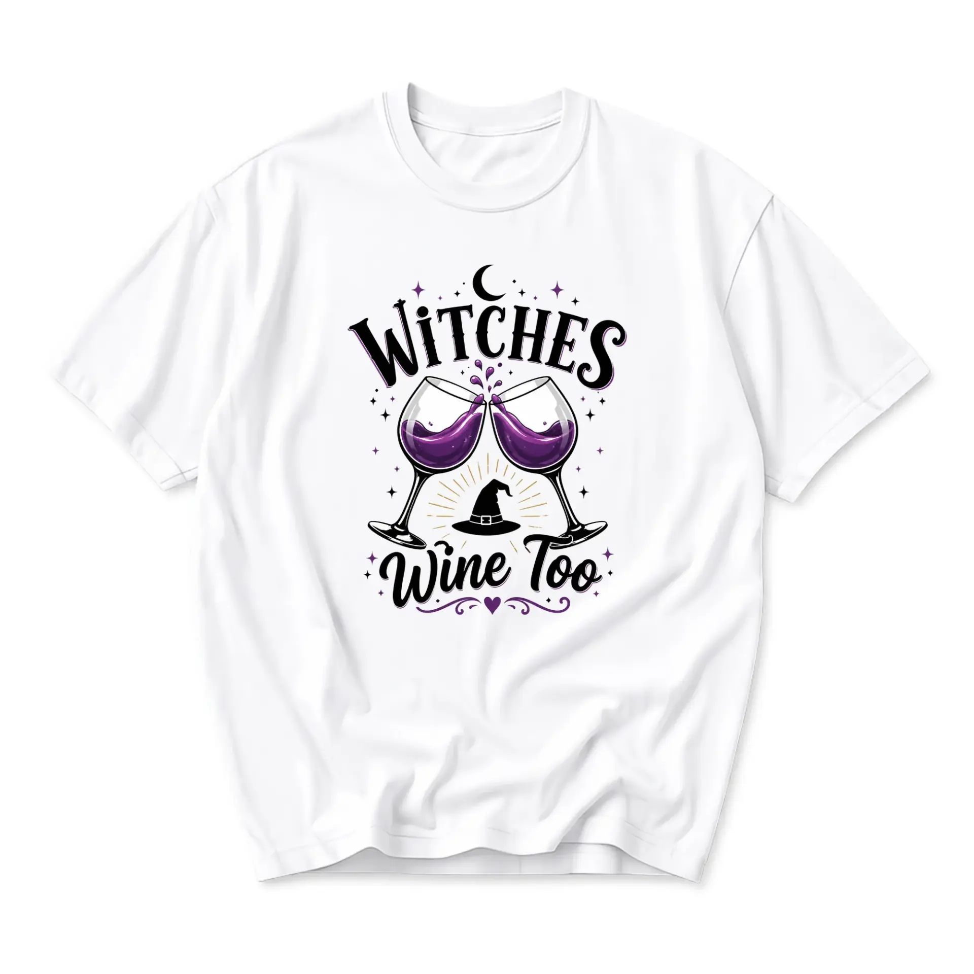 Funny Shirt Witches Wine Too Graphic Tee Casual Unisex Crew Neck Top for Parties and Everyday Wear White Cotton Blend