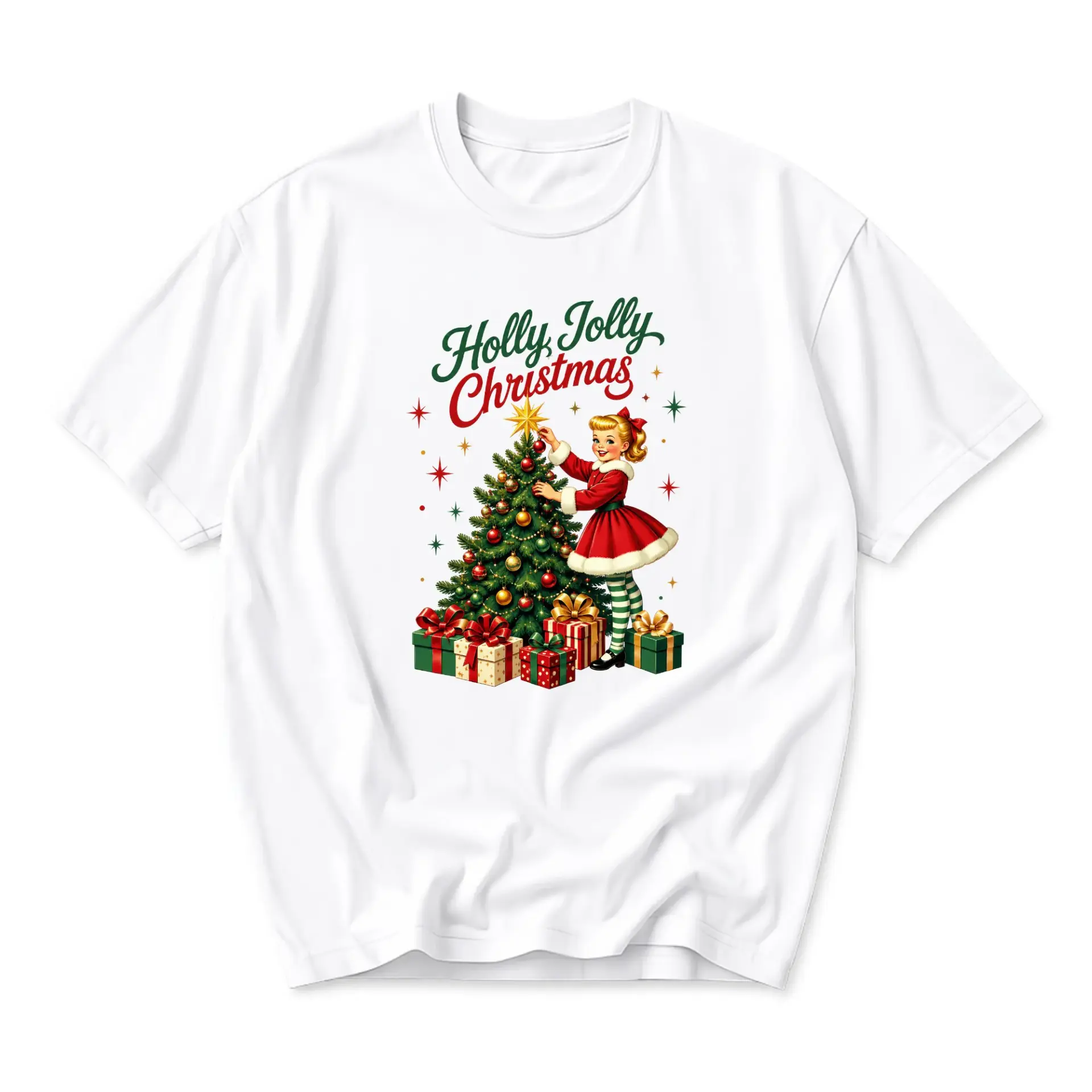Graphic Tee Holly Jolly Christmas Vintage Style Illustration Unisex Crew Neck Short Sleeve Casual Cotton Blend Shirt