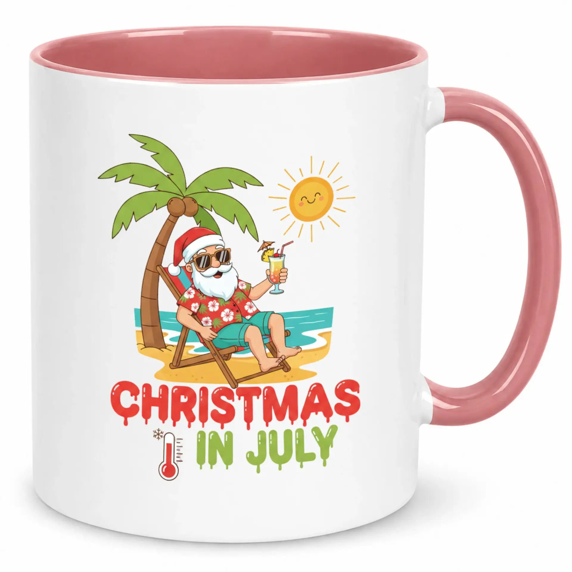 Funny Christmas in July Coffee Mug with Beach Santa Design, Festive Summer Holiday Ceramic Mug for Hot Beverages and Desk Decor