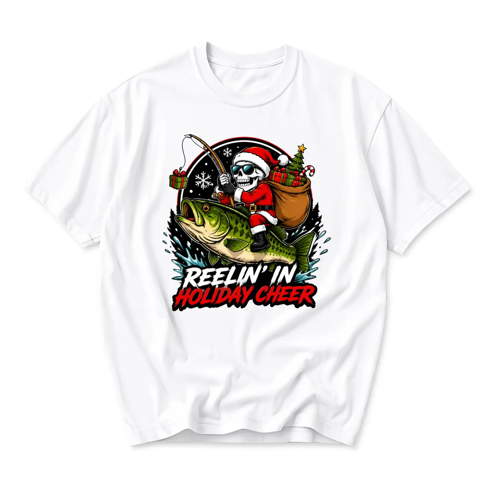 Graphic Tee Reelin in Holiday Cheer Funny Skeleton Fishing Design Unisex