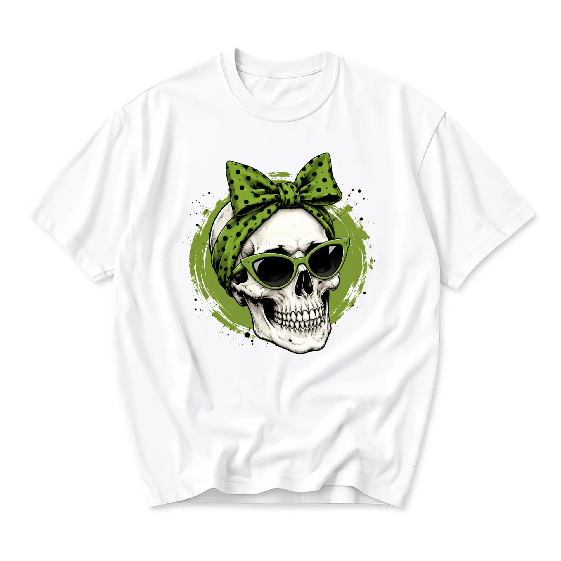 Graphic Tee Skull with Polka Dot Bow and Sunglasses Unisex Crew Neck Casual Everyday Shirt for Comfortable Style