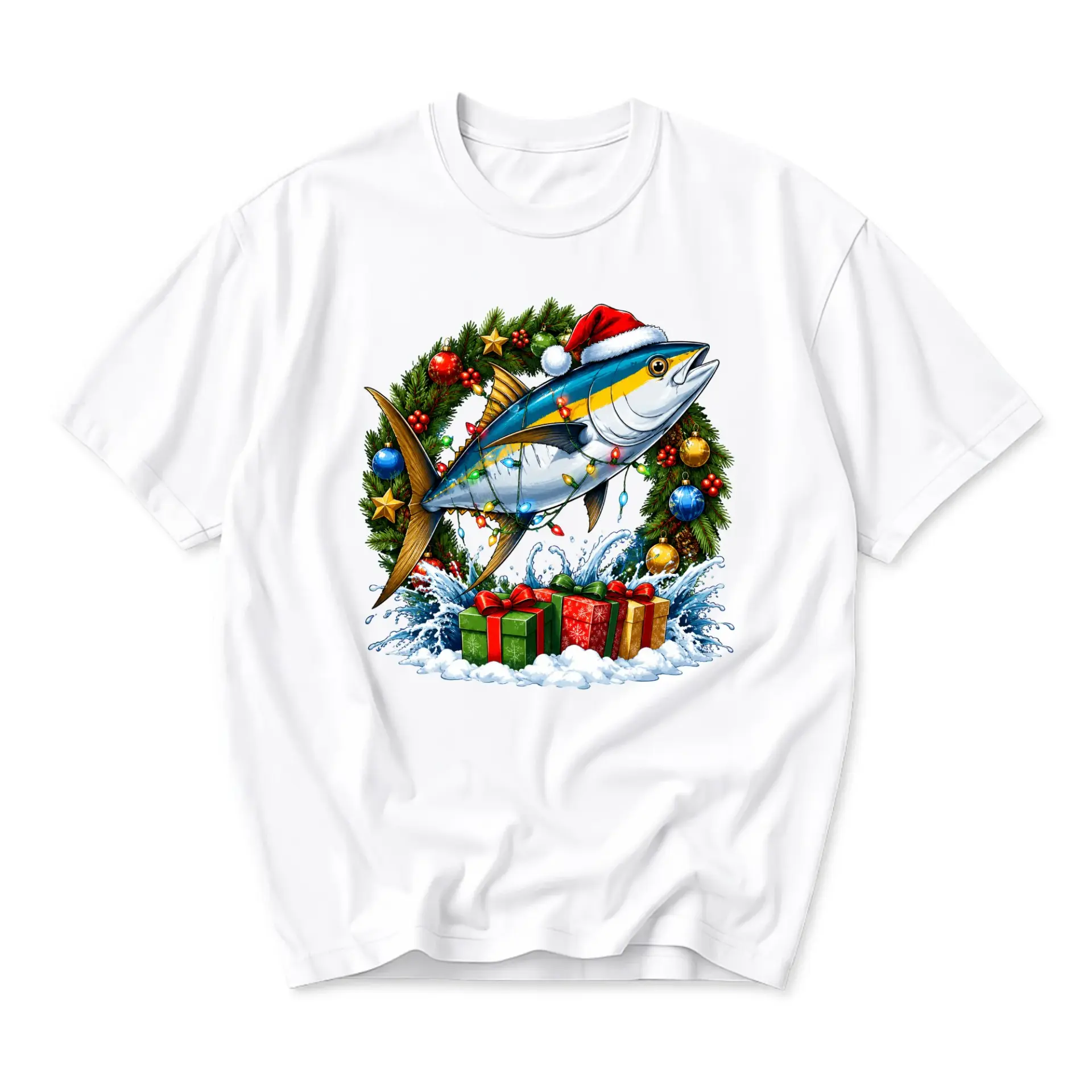 Funny Shirt Christmas Graphic Tee Holiday Fish Lover Gift Unisex Crew Neck Casual Cotton Blend Short Sleeve