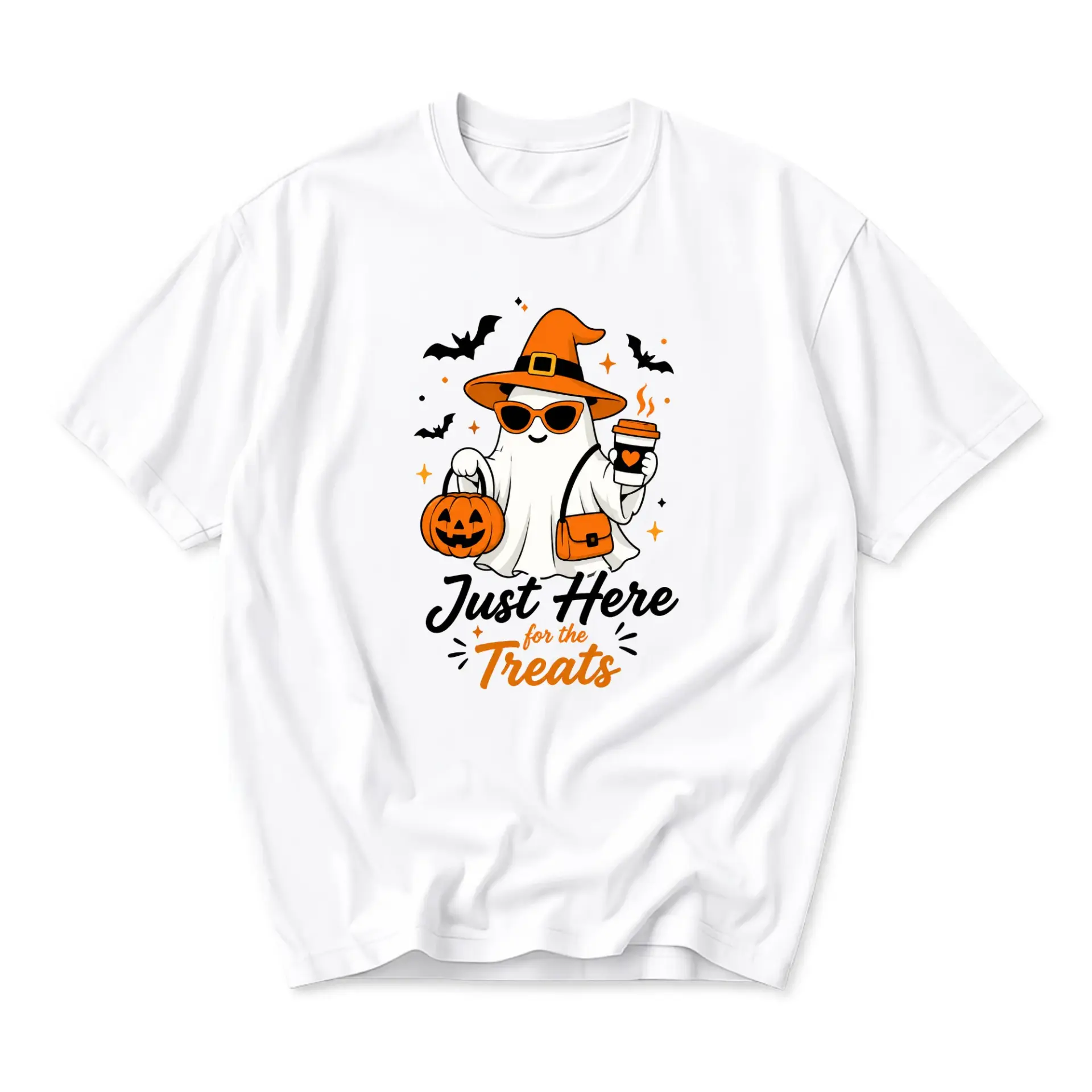 Graphic Tee Just Here for the Treats Halloween Ghost T-Shirt Fun Autumn Season Apparel Unisex Crew Neck Casual Top