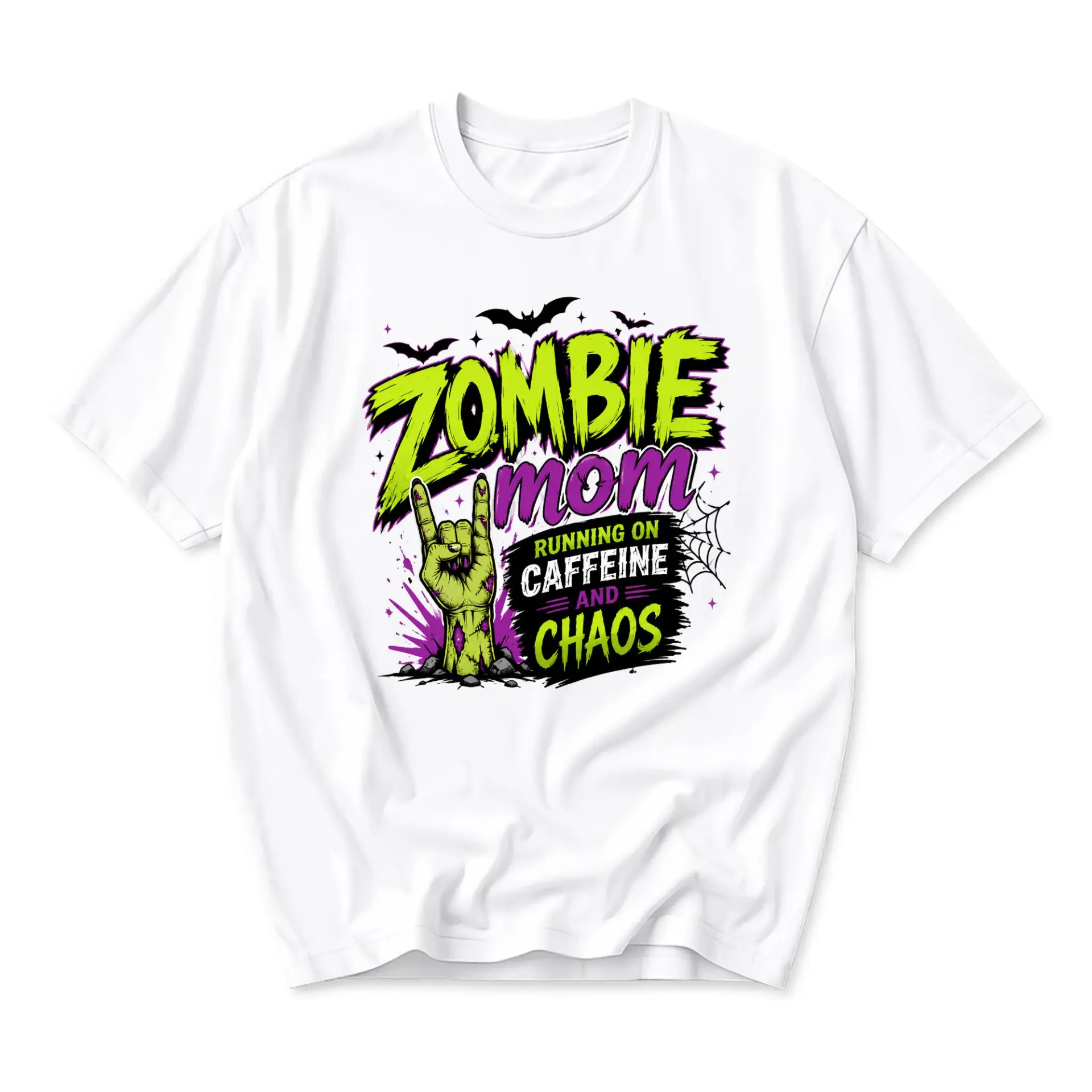 Funny Shirt Zombie Mom Running on Caffeine and Chaos Graphic Tee Unisex Casual Crew Neck Comfortable Cotton Blend
