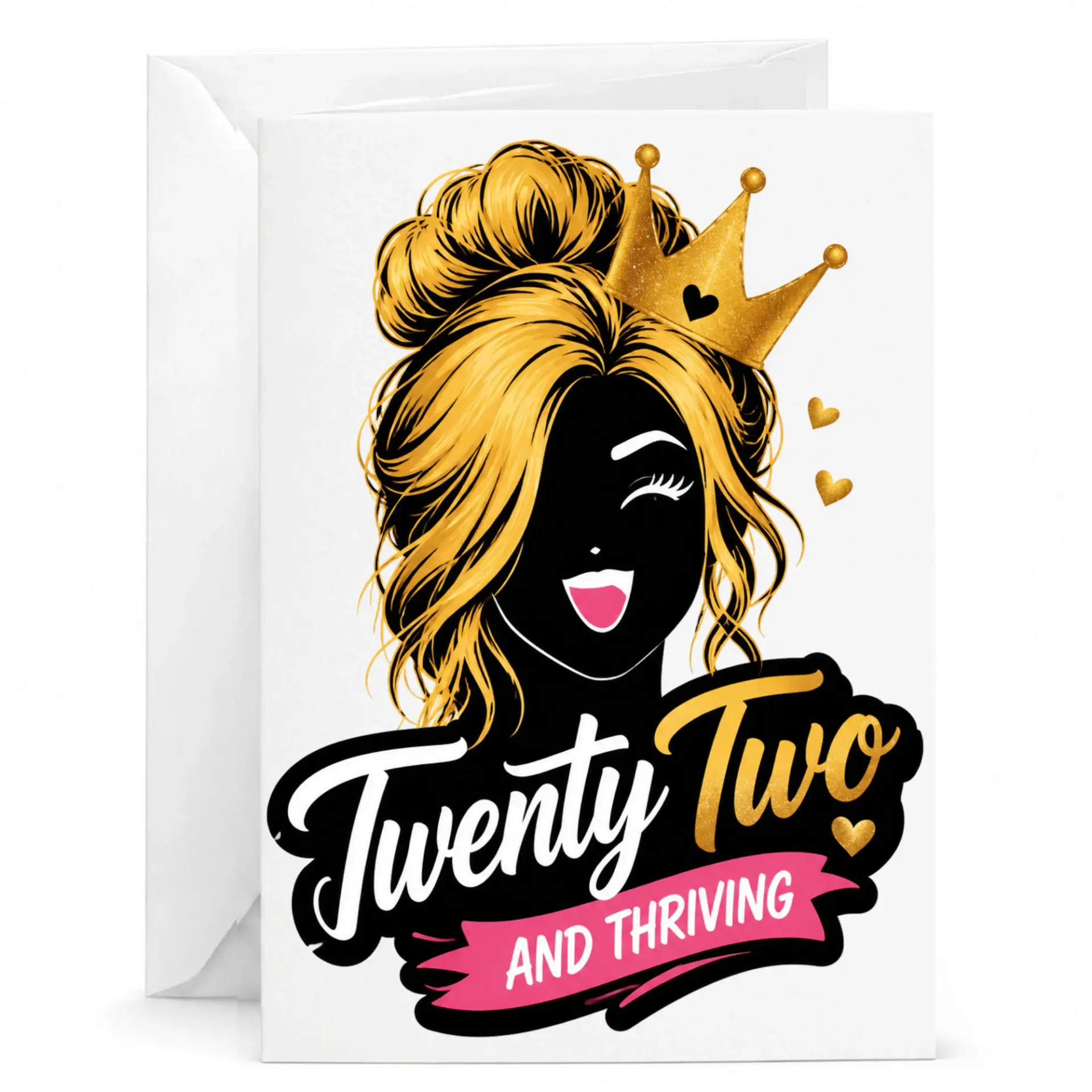 Birthday Card Twenty Two and Thriving Greeting Card for Her Gold Crown Design Premium Stationery 5x7 Inches