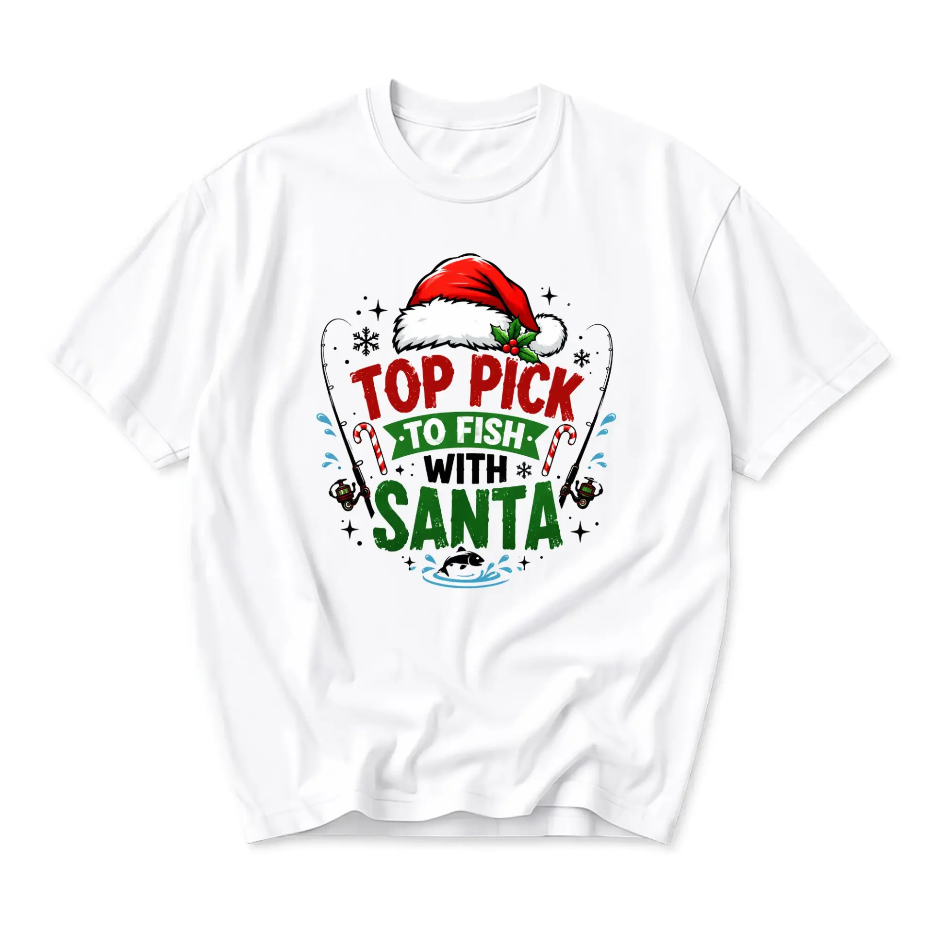 Graphic Tee Top Pick to Fish with Santa Unisex Crew Neck T-Shirt Holiday Fisherman Seasonal Apparel White Shirt