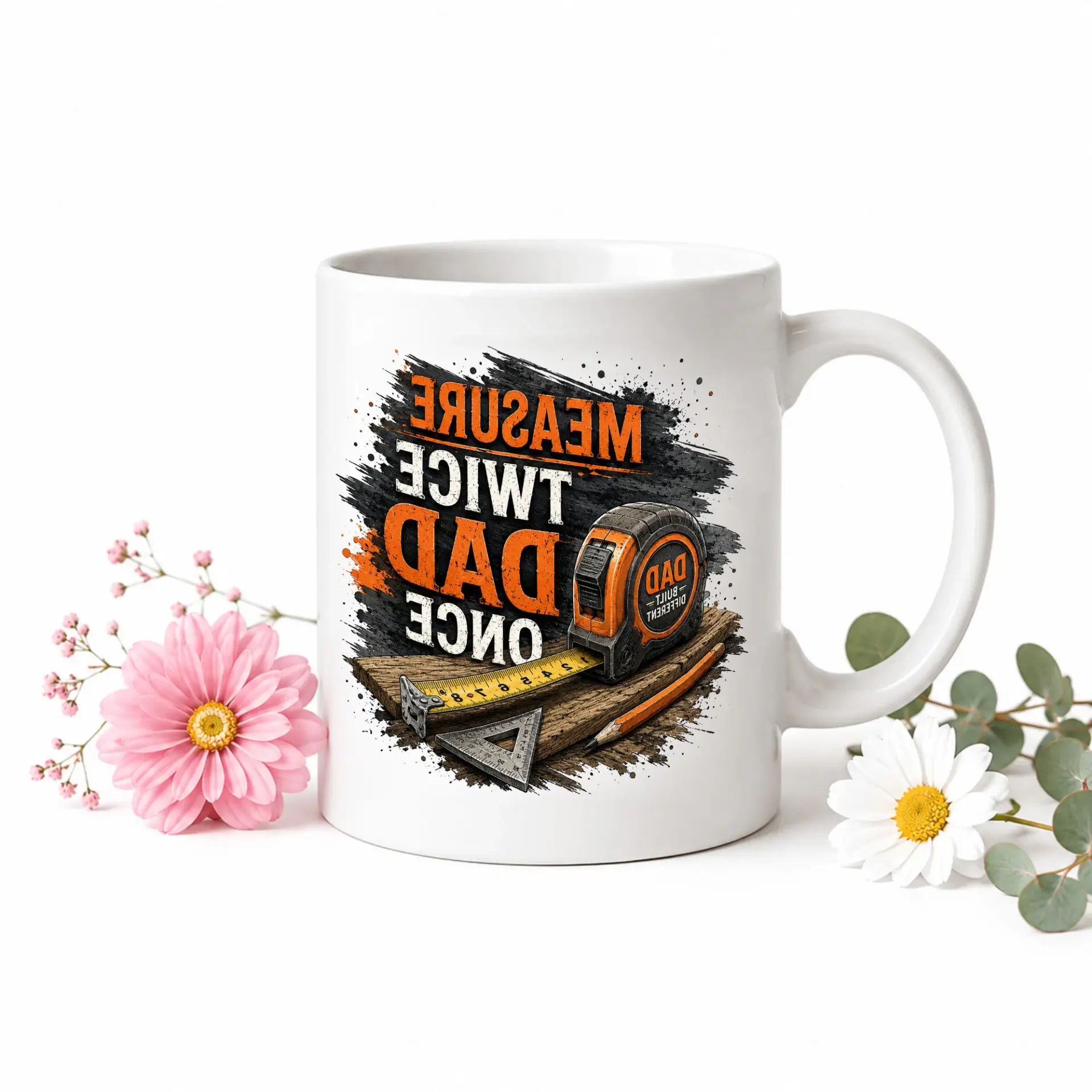 Funny Construction Themed Ceramic Mug for Dad Featuring Measure Cut Once Quote with Tape Illustration