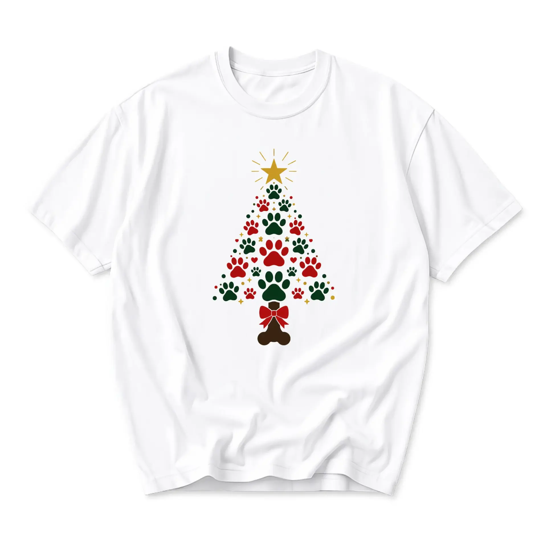 T-shirt Graphic Tee Christmas Tree Paw Prints Design Casual Unisex Cotton