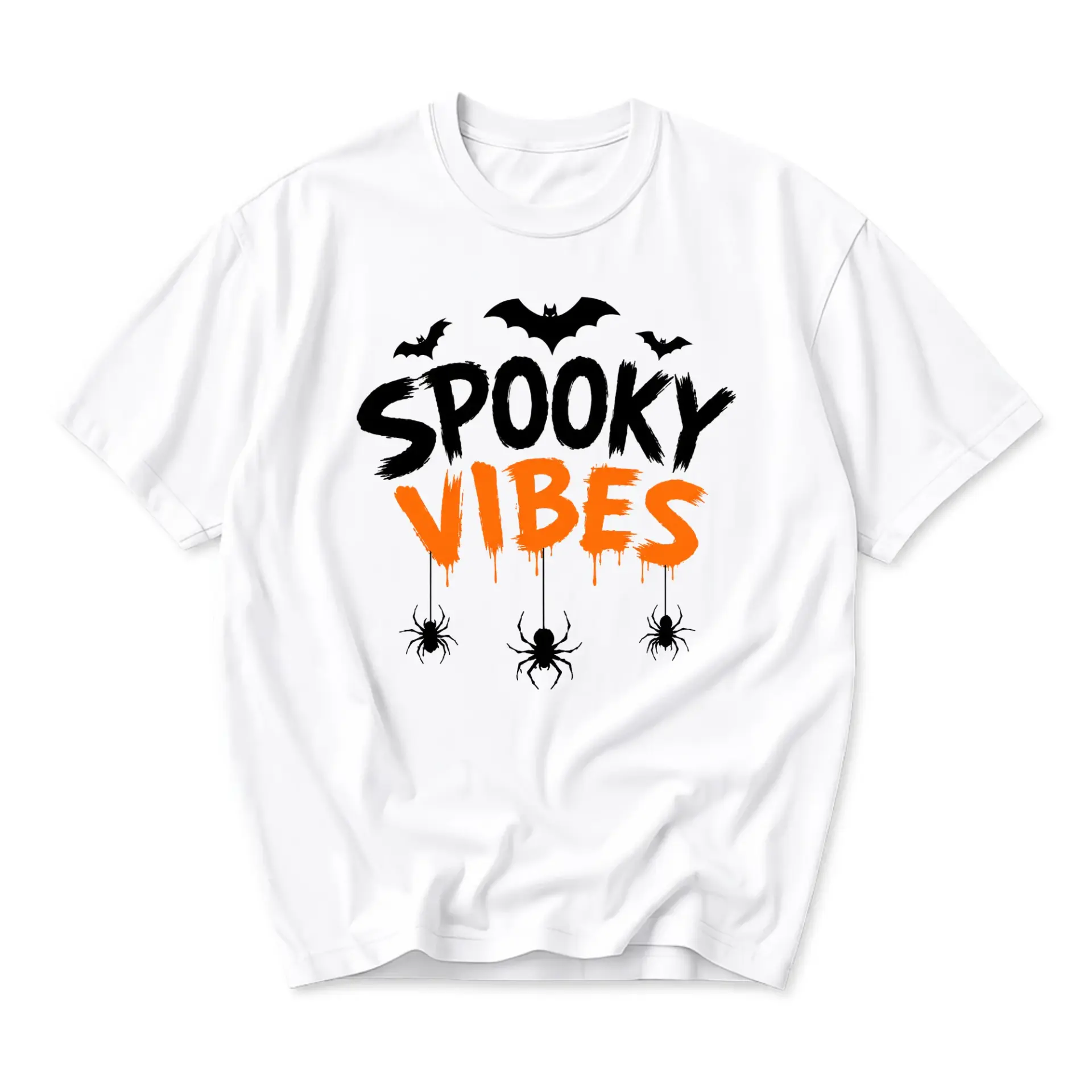 Graphic Tee Spooky Vibes Halloween Shirt Unisex Cotton Crew Neck Short Sleeve Casual Holiday Apparel White Top