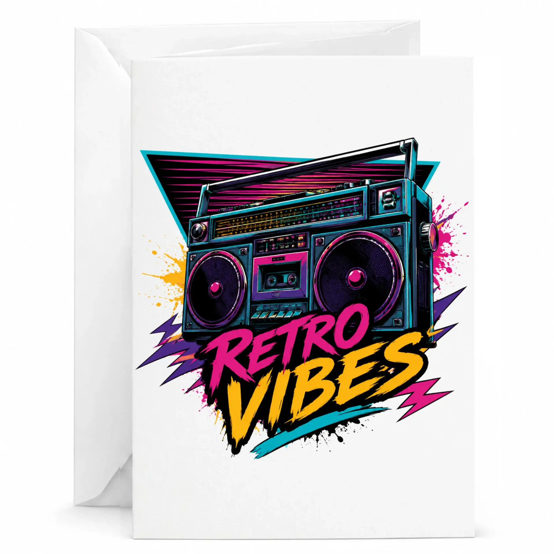 Retro Vibes Greeting Card with 80s Boombox Illustration, Vintage Music Theme Stationery for Any Occasion, 5x7 Inches