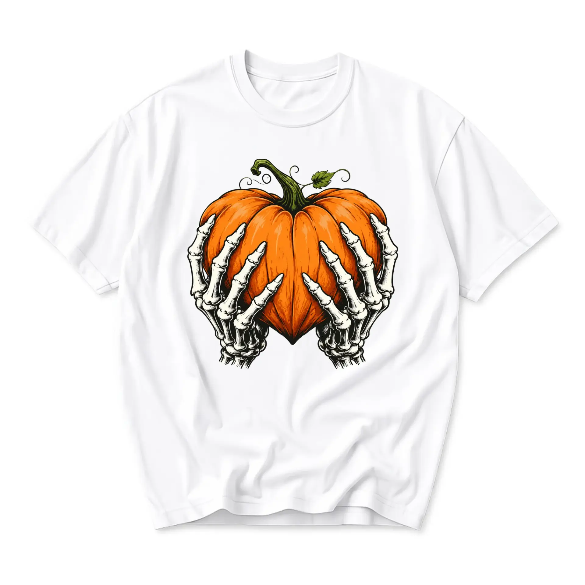 T-shirt Skeleton Hands Holding Pumpkin Graphic Tee Unisex Casual Apparel for Autumn Season and Holiday Celebration