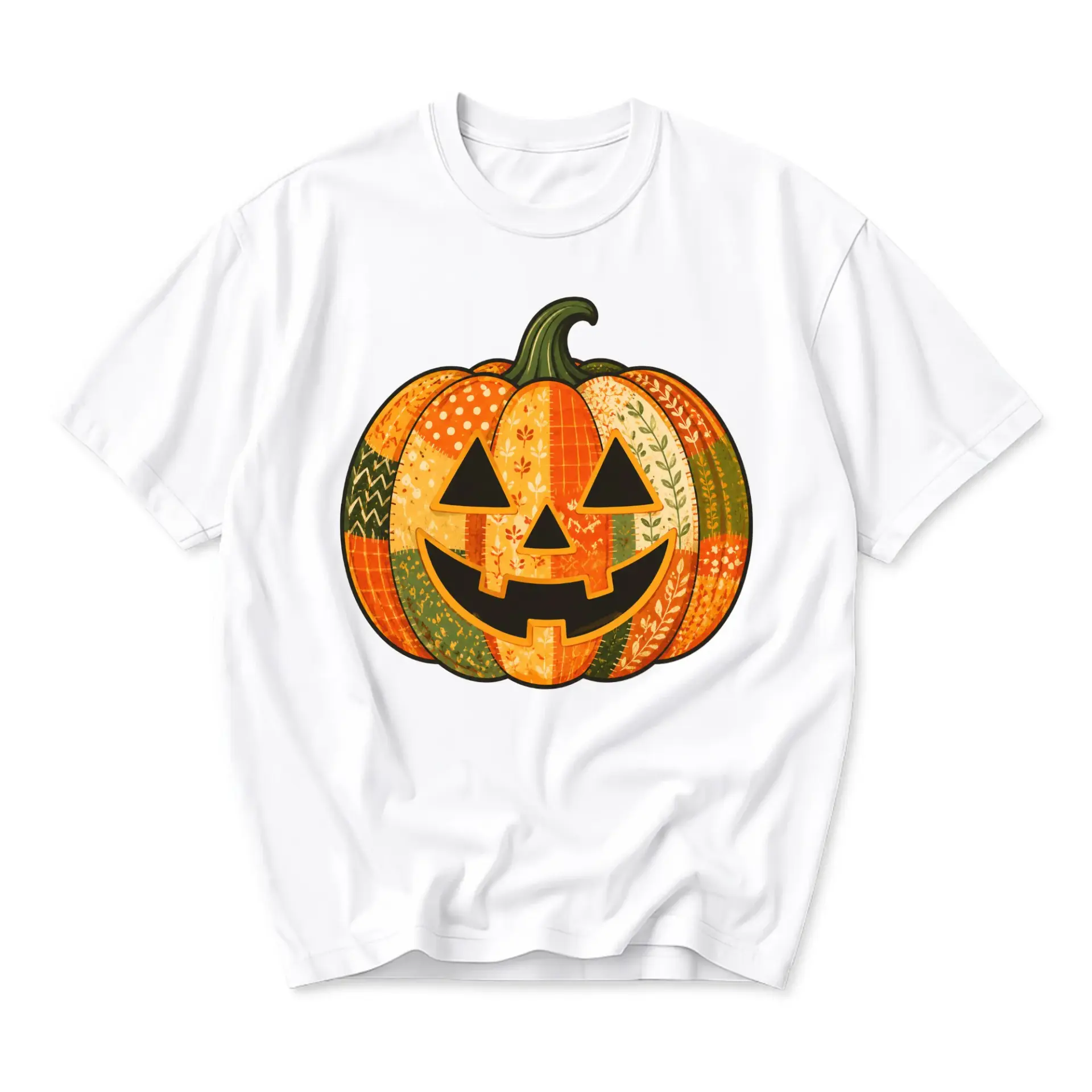 Graphic Tee Pumpkin Patchwork Design Unisex Crew Neck Short Sleeve Shirt for Casual Seasonal Autumn Wear White