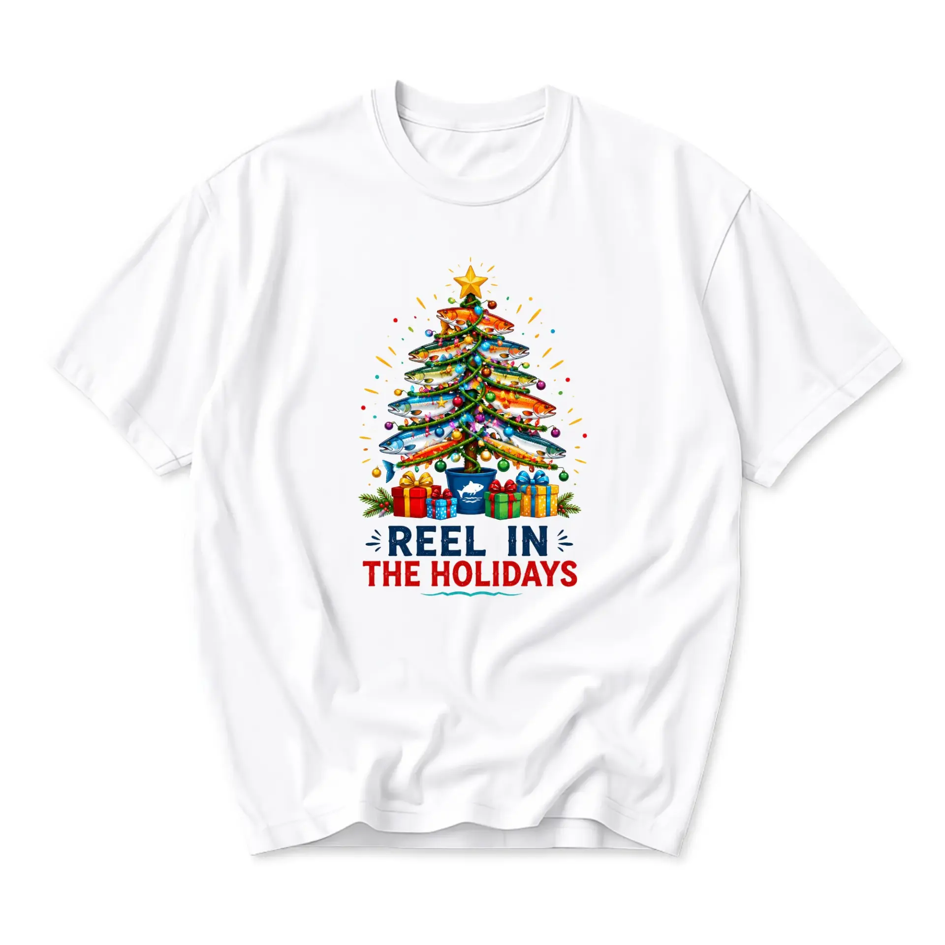 Funny Shirt Reel in the Holidays Christmas Tree Fishing Graphic Tee Unisex Casual Crew Neck Short Sleeve Top White