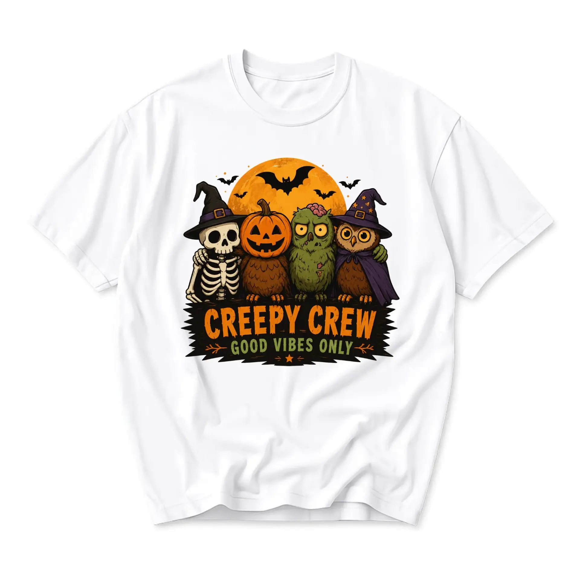Graphic Tee Creepy Crew Halloween Shirt Unisex Casual Holiday Apparel Featuring Skeleton Owl Pumpkin and Zombie Art