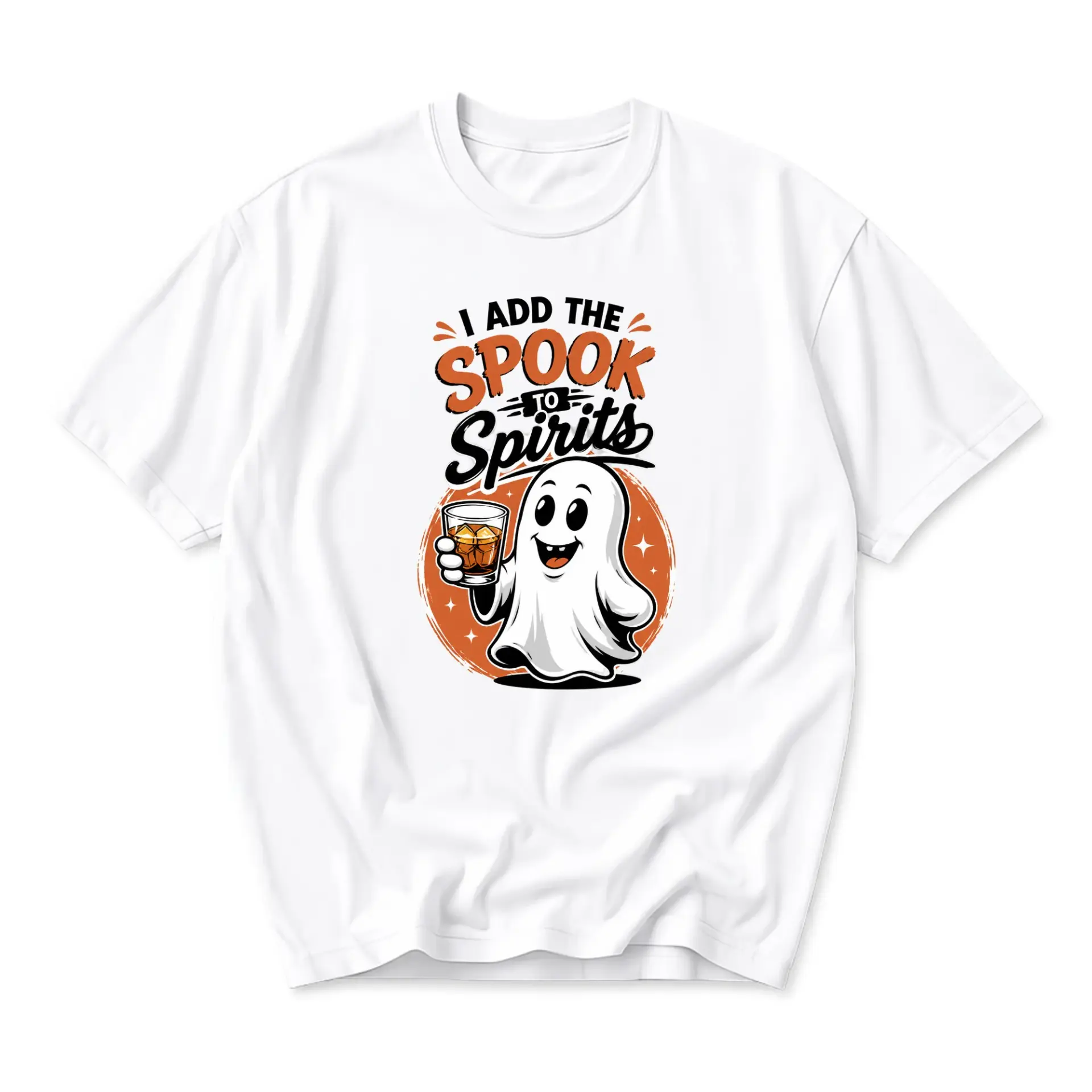 Funny Shirt I Add the Spook to Spirits Graphic Tee Cute Ghost Drinking Illustration Unisex Casual Cotton Crew Neck Top