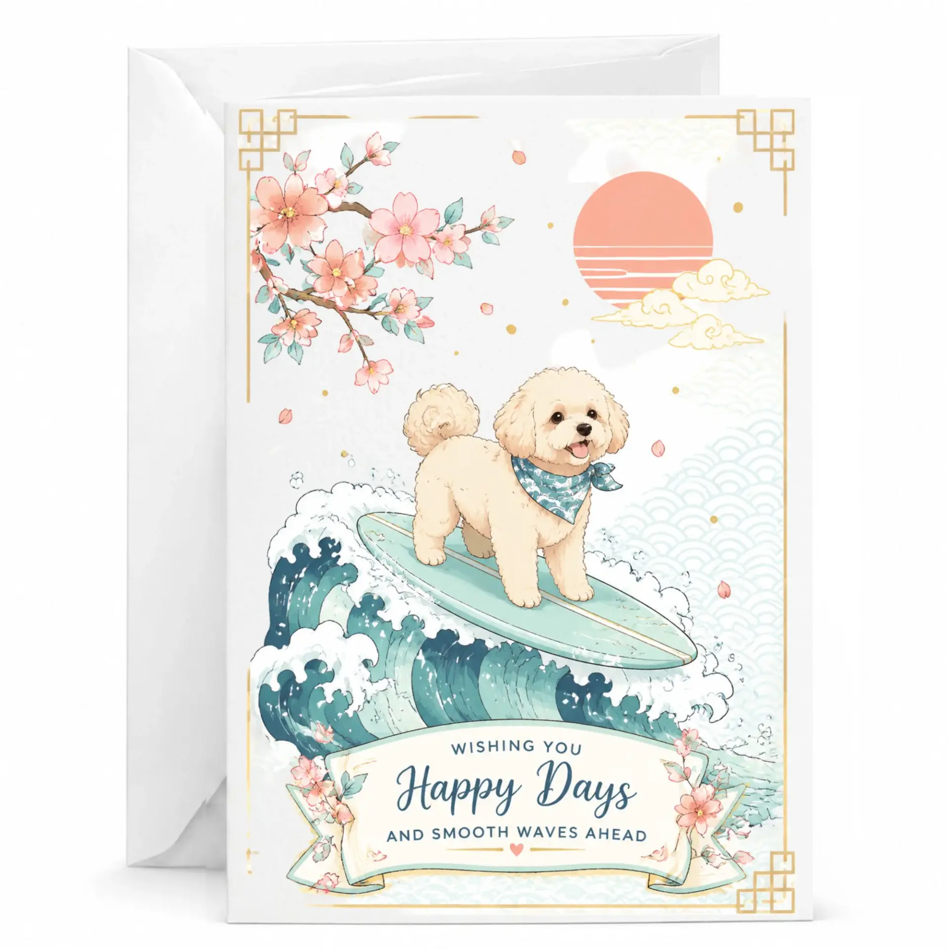 Greeting Card Featuring a Cute Dog Surfing Illustration with Floral Details and Uplifting Sentiment for Every Occasion