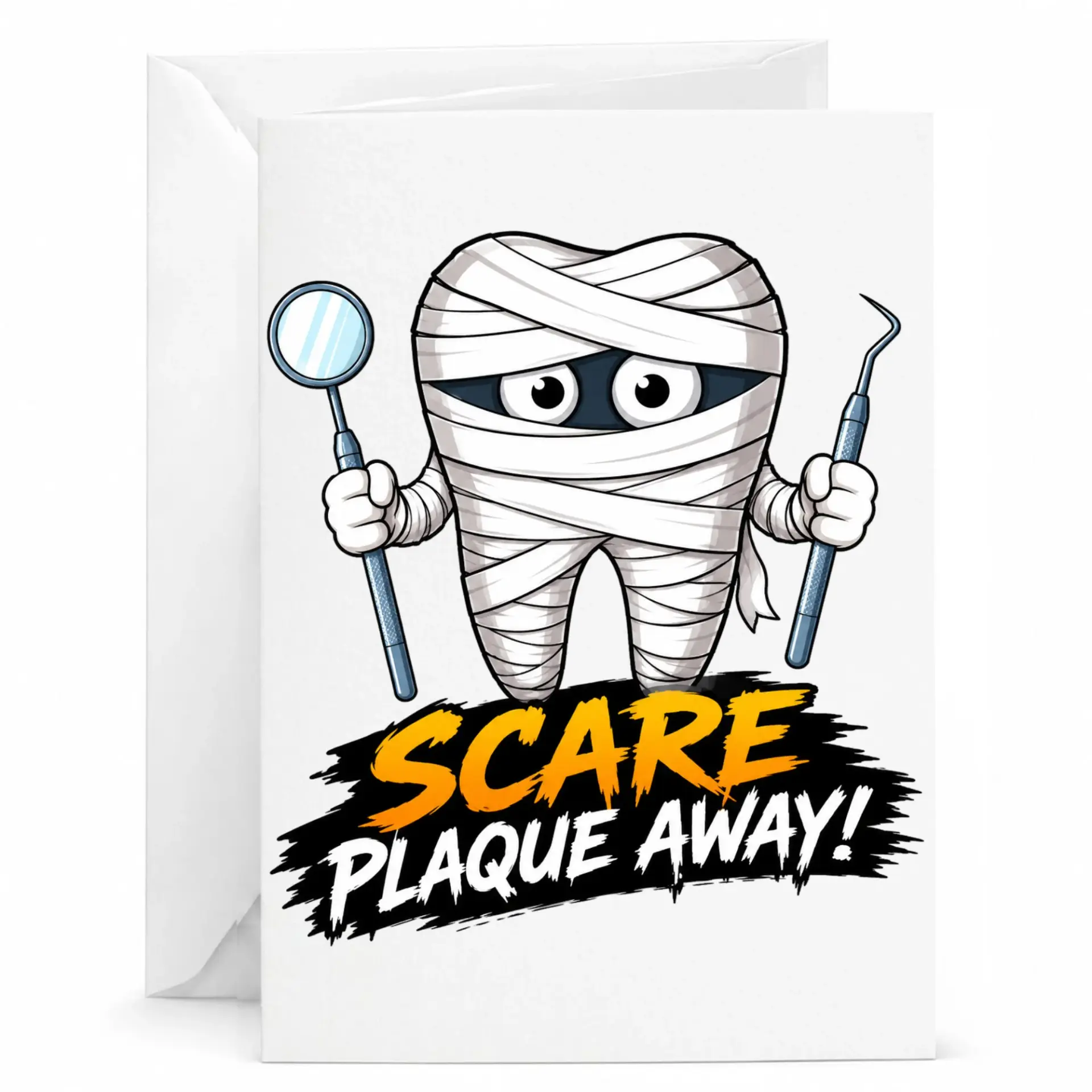 Funny Dental Greeting Card Scare Plaque Tooth Mummy Pun Design