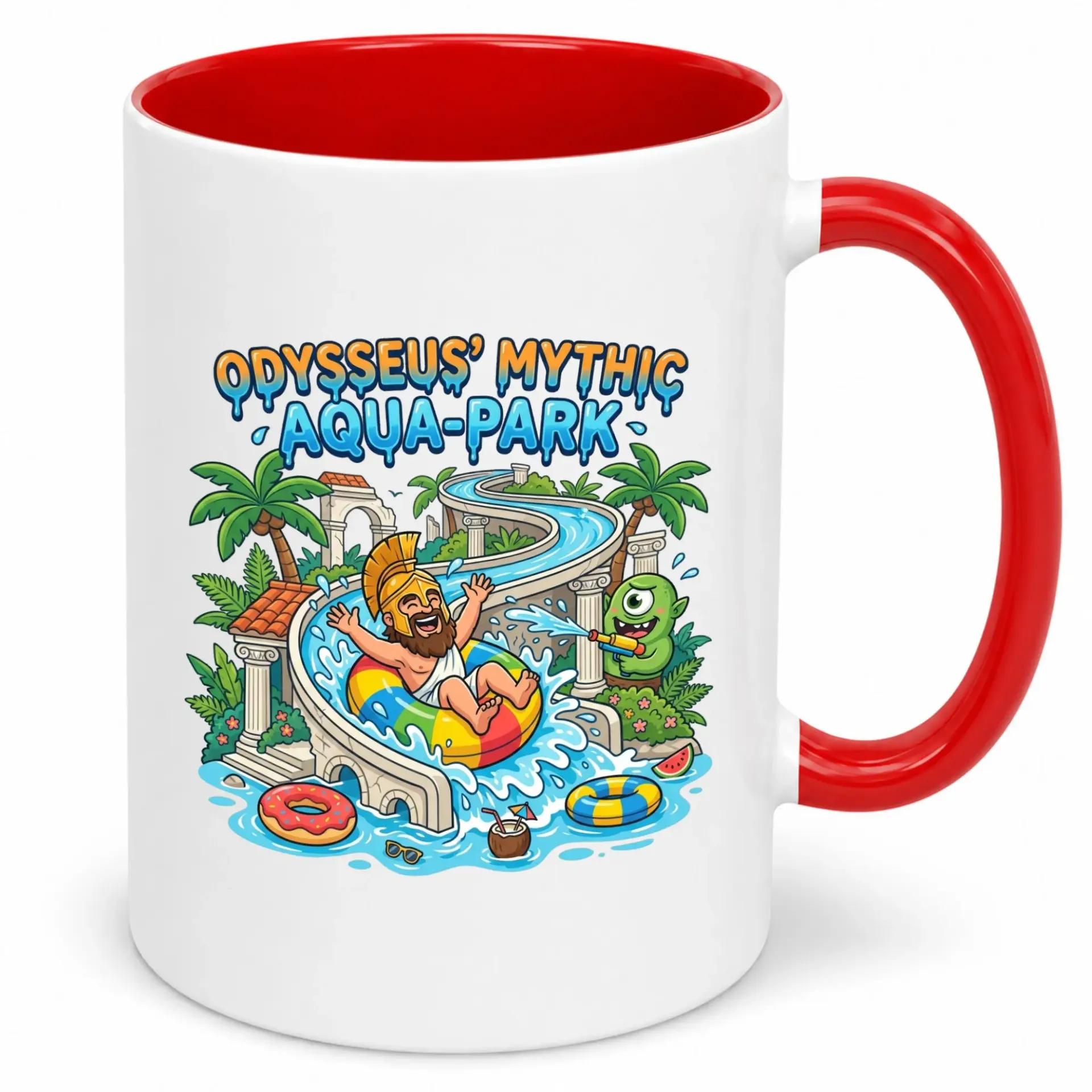 Funny Greek Mythology Odysseus Mythic Aqua-Park Ceramic Coffee Mug Humorous Ancient Water Ride Design for Enthusiasts