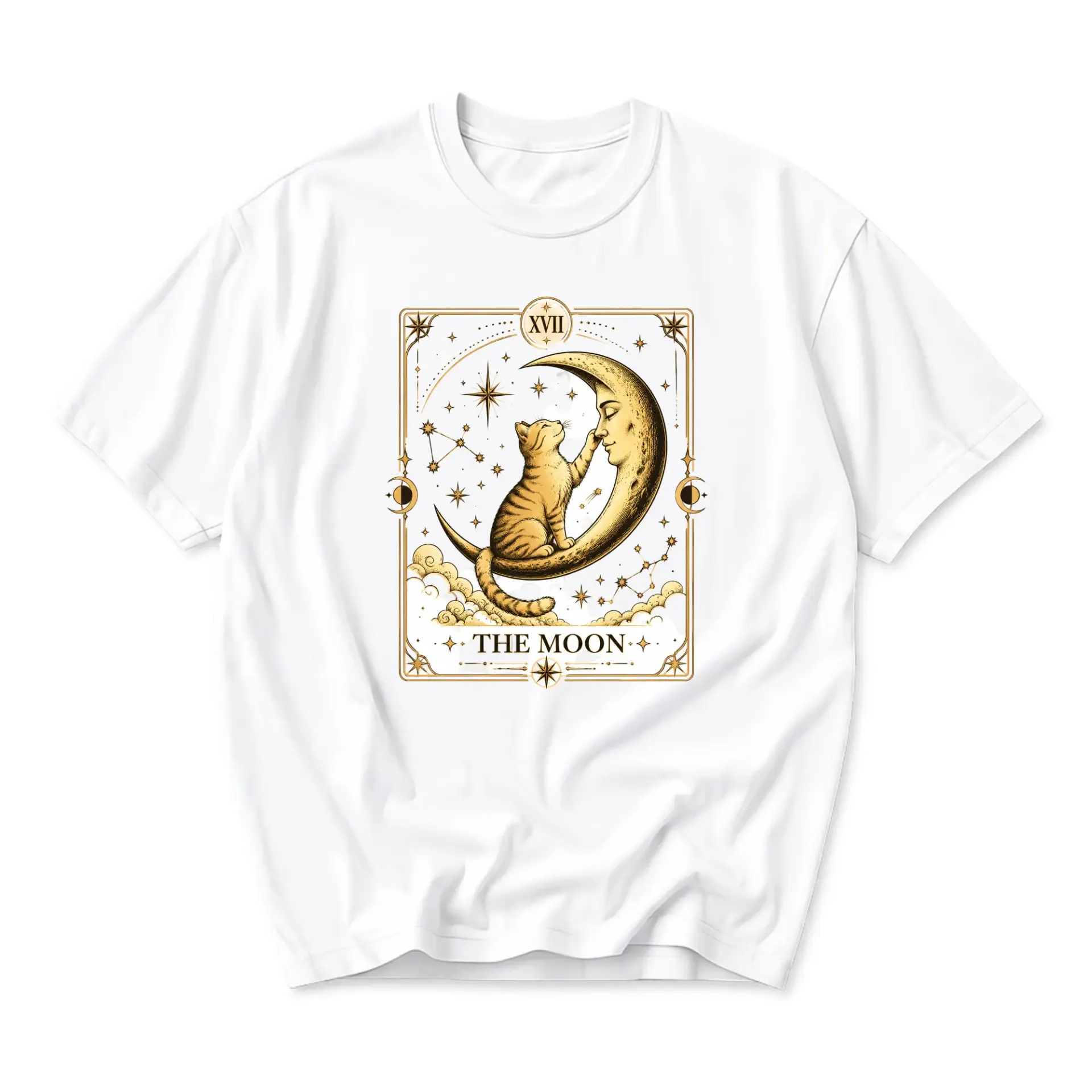 Graphic Tee Unisex Celestial Cat Tarot Card Art Print Shirt Vintage Style Moon Kitten Illustration Crew Neck Top