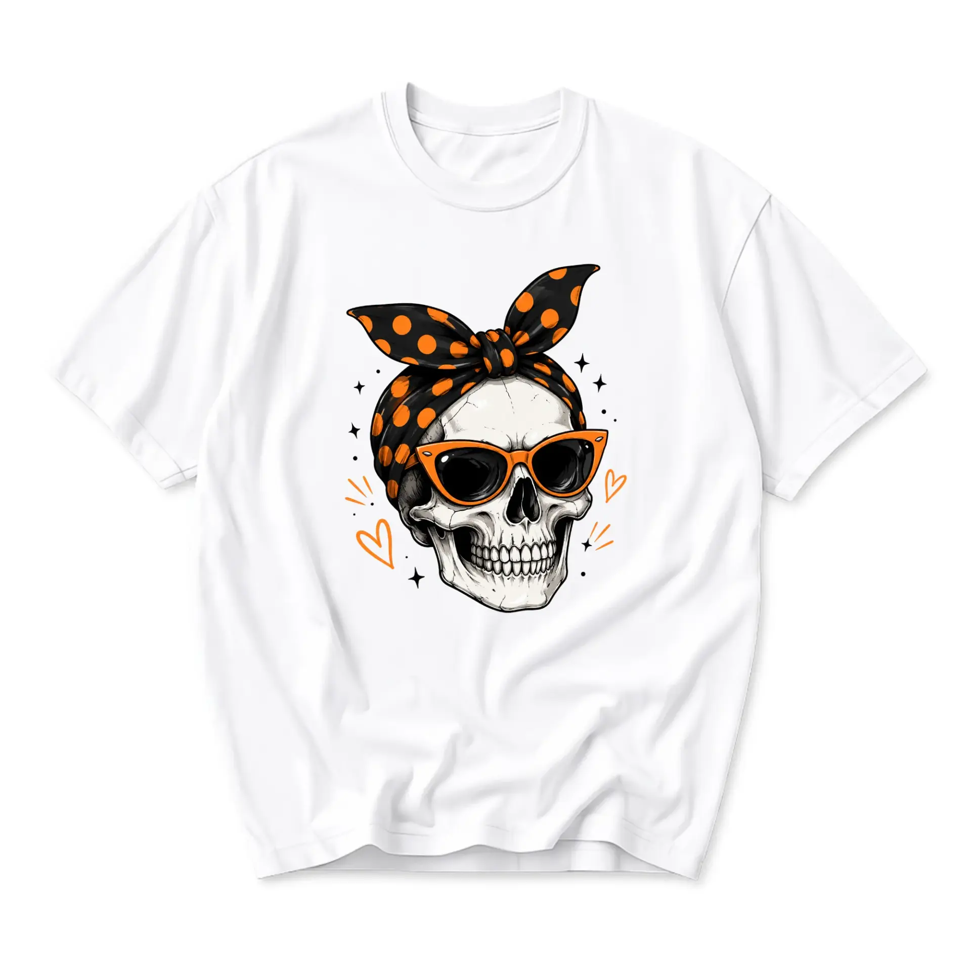 Graphic Tee Unisex Crew Neck T-Shirt Featuring a Skull Wearing Polka Dot Headband and Orange Sunglasses Design