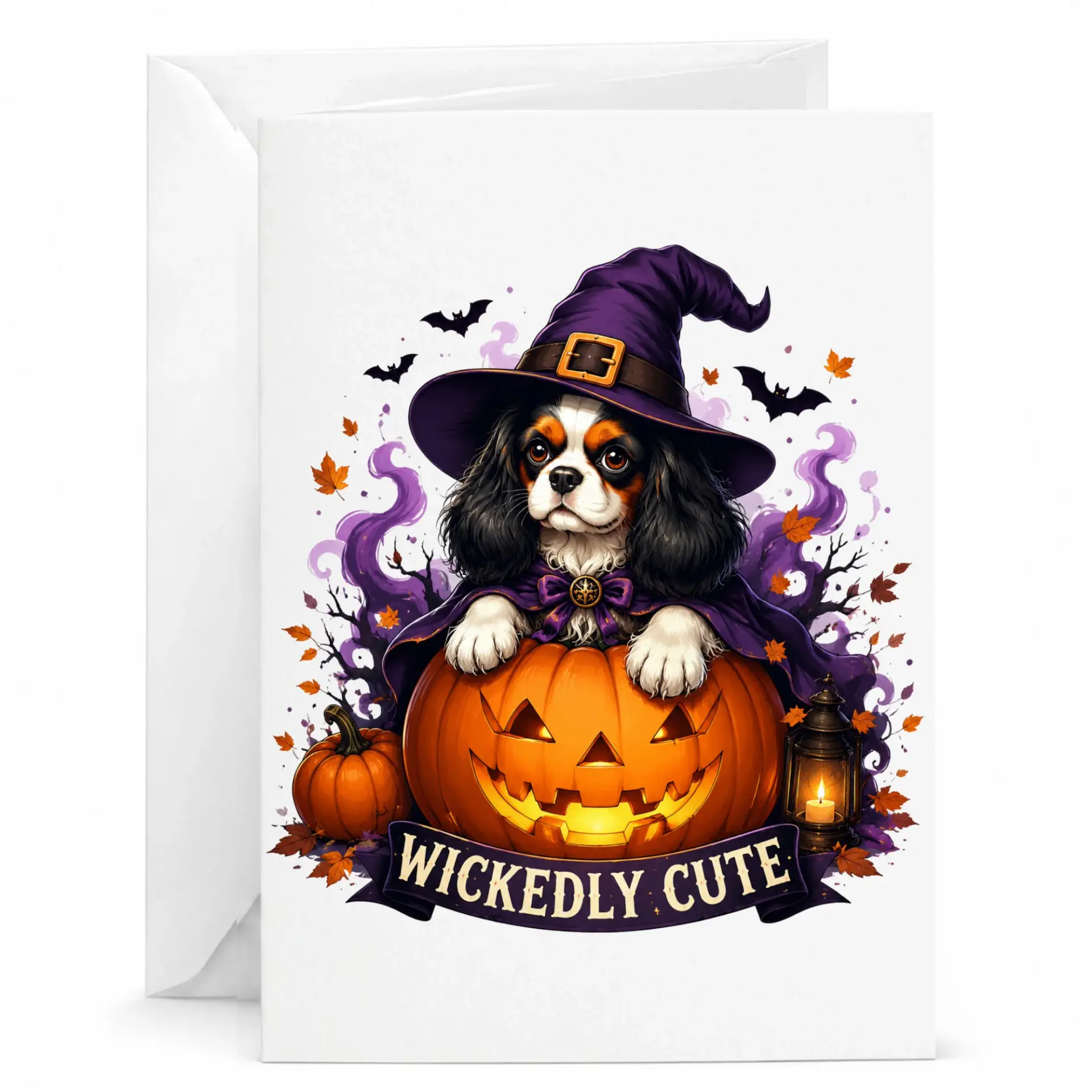 Greeting Card Wicked Cute Cavalier Dog Halloween Witch Hat Pumpkin Illustration Folded Note Card for Autumn Seasons