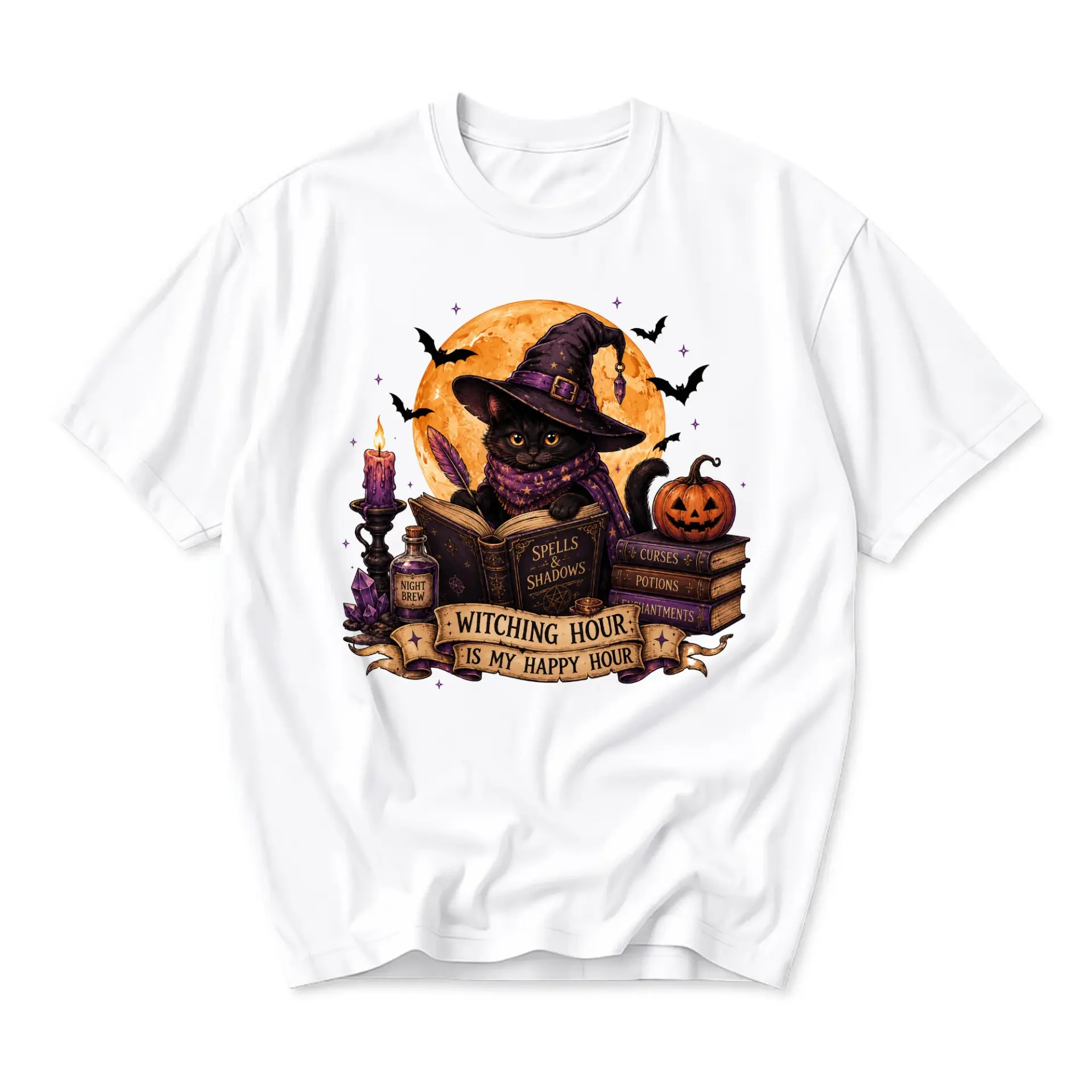 Graphic Tee Witching Hour Is My Happy Hour Black Cat Spellbook Print Unisex Casual Short Sleeve Crew Neck Cotton Shirt