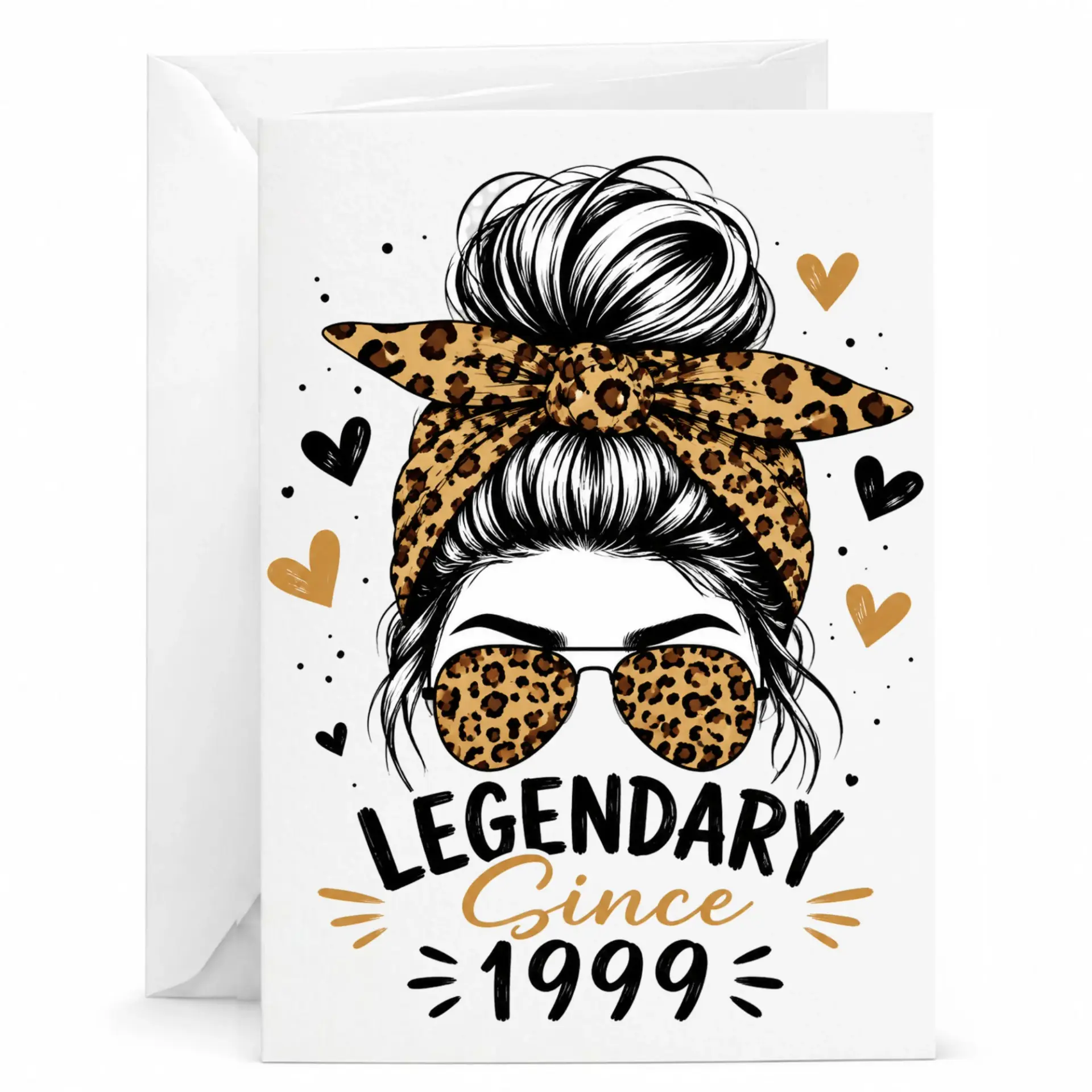 Birthday Greeting Card Legendary Since 1999 Featuring Messy Bun with Leopard Print Headband and Aviator Sunglasses