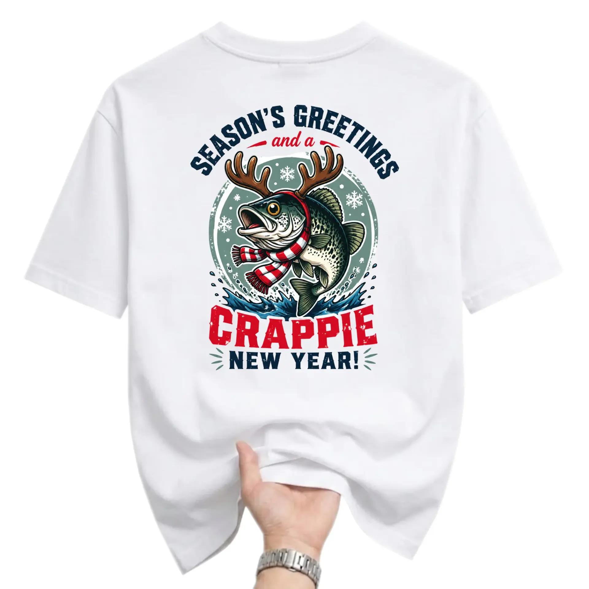 Funny Shirt Season Greetings Crappie New Year Graphic Tee Unisex Fishing Holiday Apparel Short Sleeve Crew Neck Top