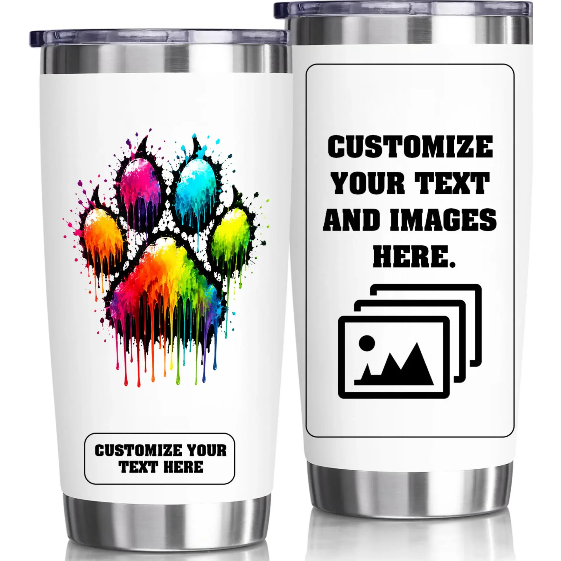 Stainless Steel Tumbler 20oz Insulated Cup Colorful Paw Print Design Personalized Drinkware for Hot and Cold Beverages