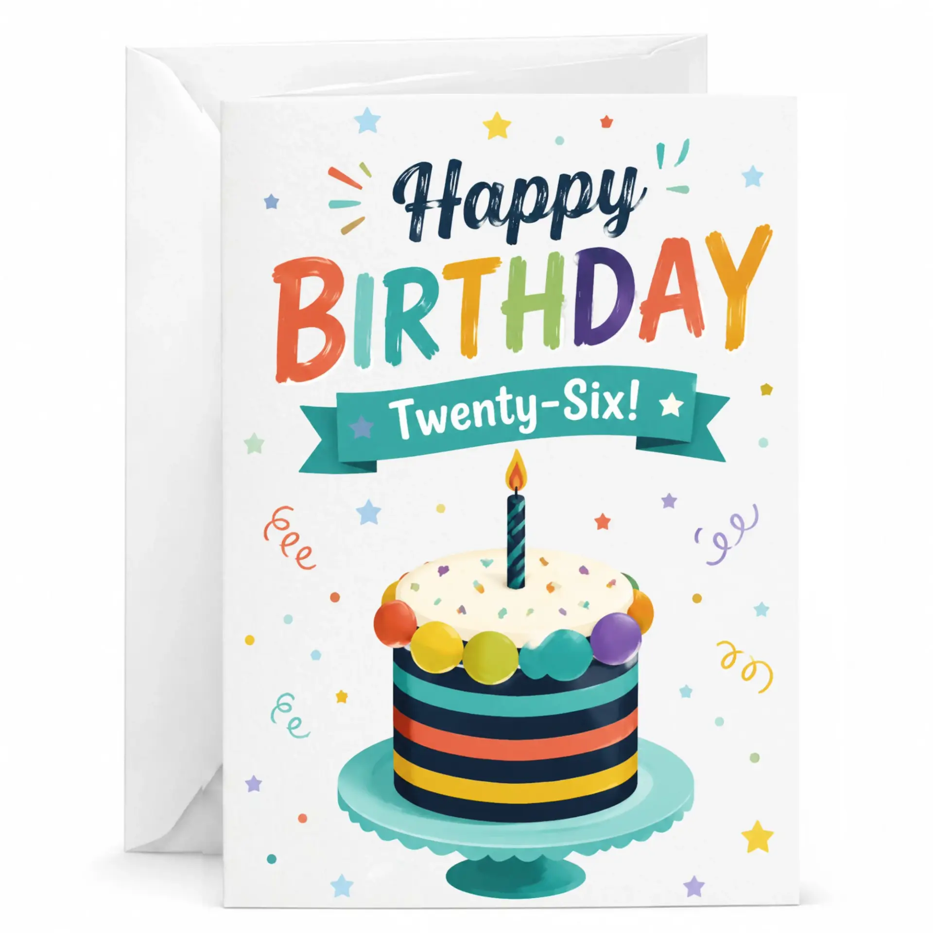 Birthday Card Happy 26th Birthday Colorful Cake Design with Confetti and Candle for Twenty Sixth Milestone Celebration