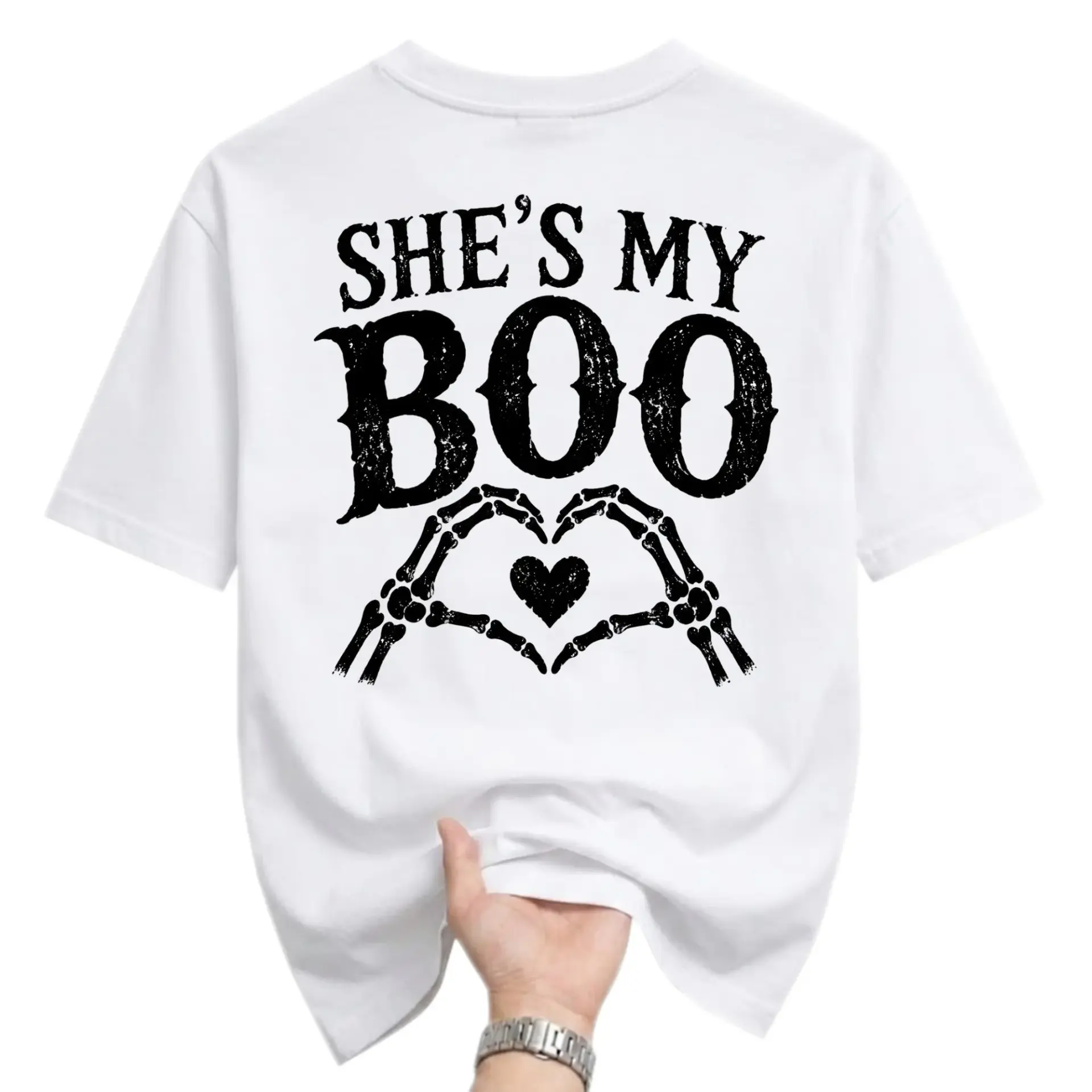 Graphic Tee Unisex Crew Neck T-Shirt She Is My Boo Skeleton Heart Design Comfortable Cotton Blend Casual Apparel