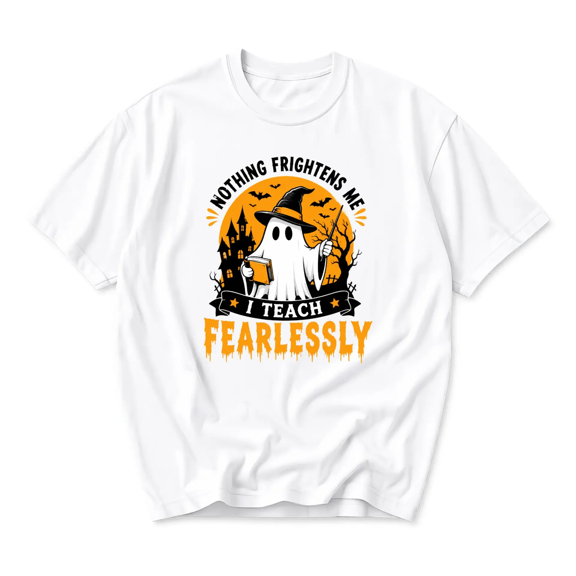 Funny Shirt Nothing Frightens Me I Teach Fearlessly Halloween Teacher Ghost Graphic Tee Unisex Crew Neck Apparel