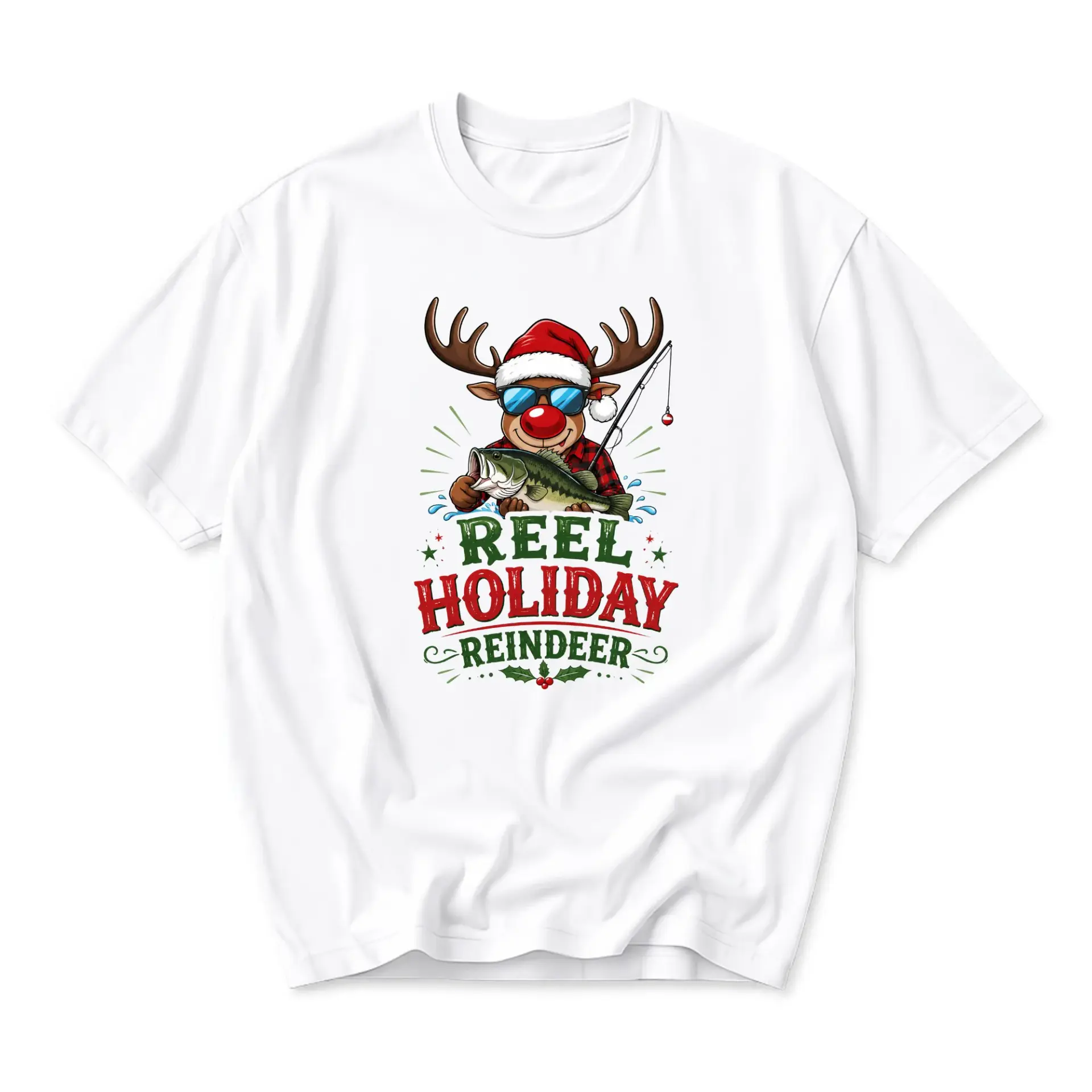Funny Shirt Reel Holiday Reindeer Fishing Graphic Tee Unisex Short Sleeve