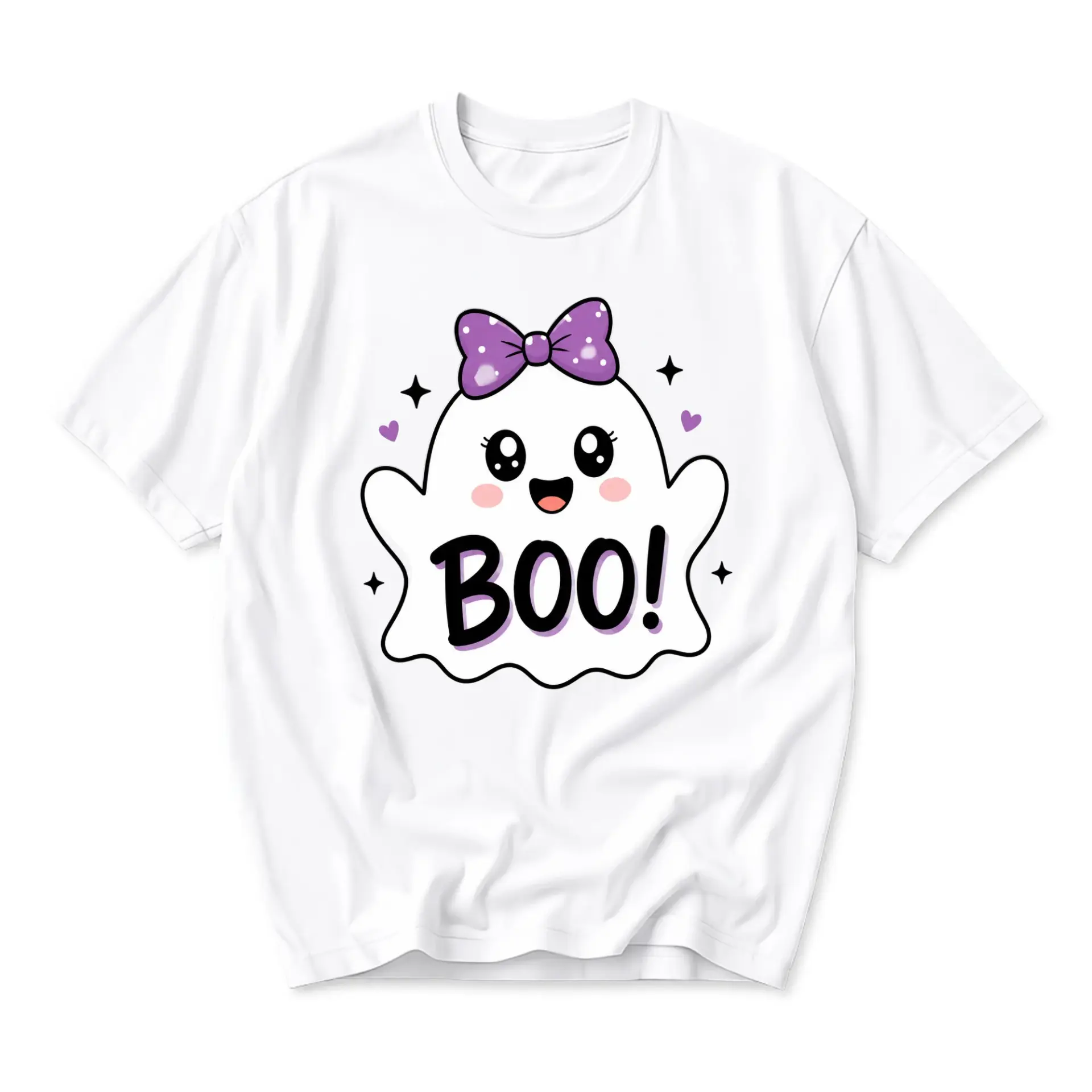 Graphic Tee Cute Ghost with Purple Bow Halloween Costume Unisex Crew Neck Soft Cotton Blend Casual Everyday Shirt