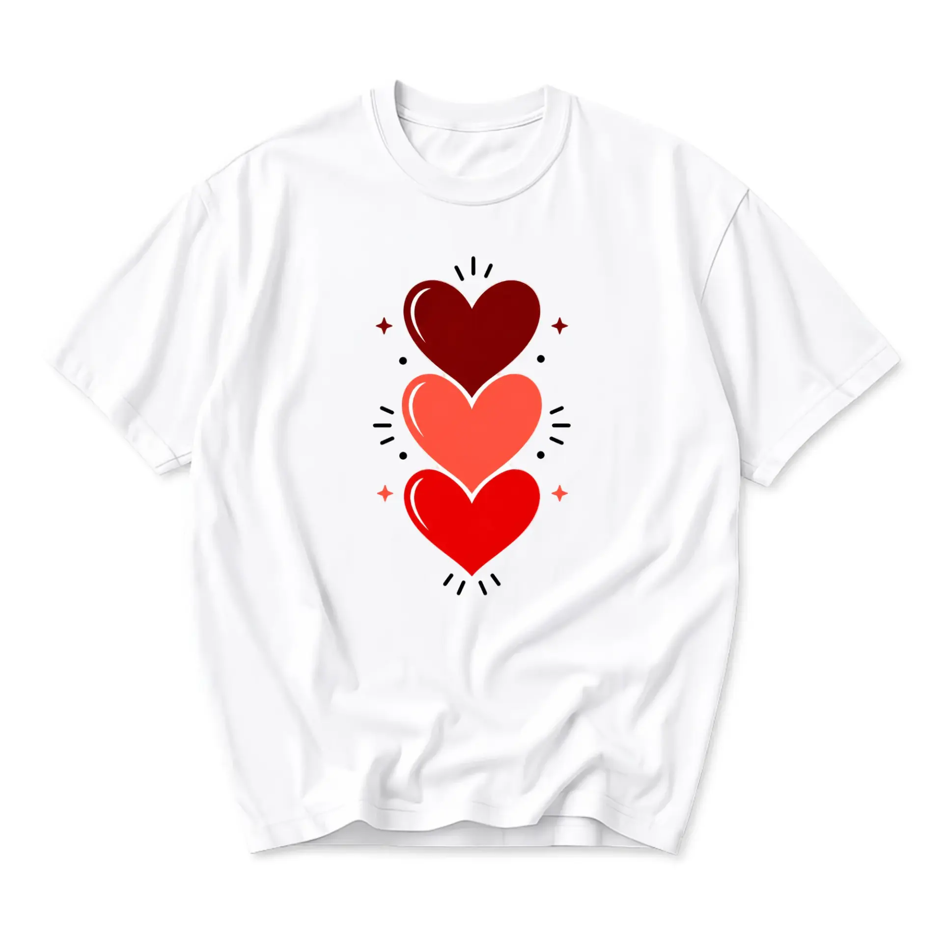 Graphic Tee Unisex Heart Stack Print White Cotton Casual Crew Neck Short Sleeve Shirt for Everyday Comfort Wear