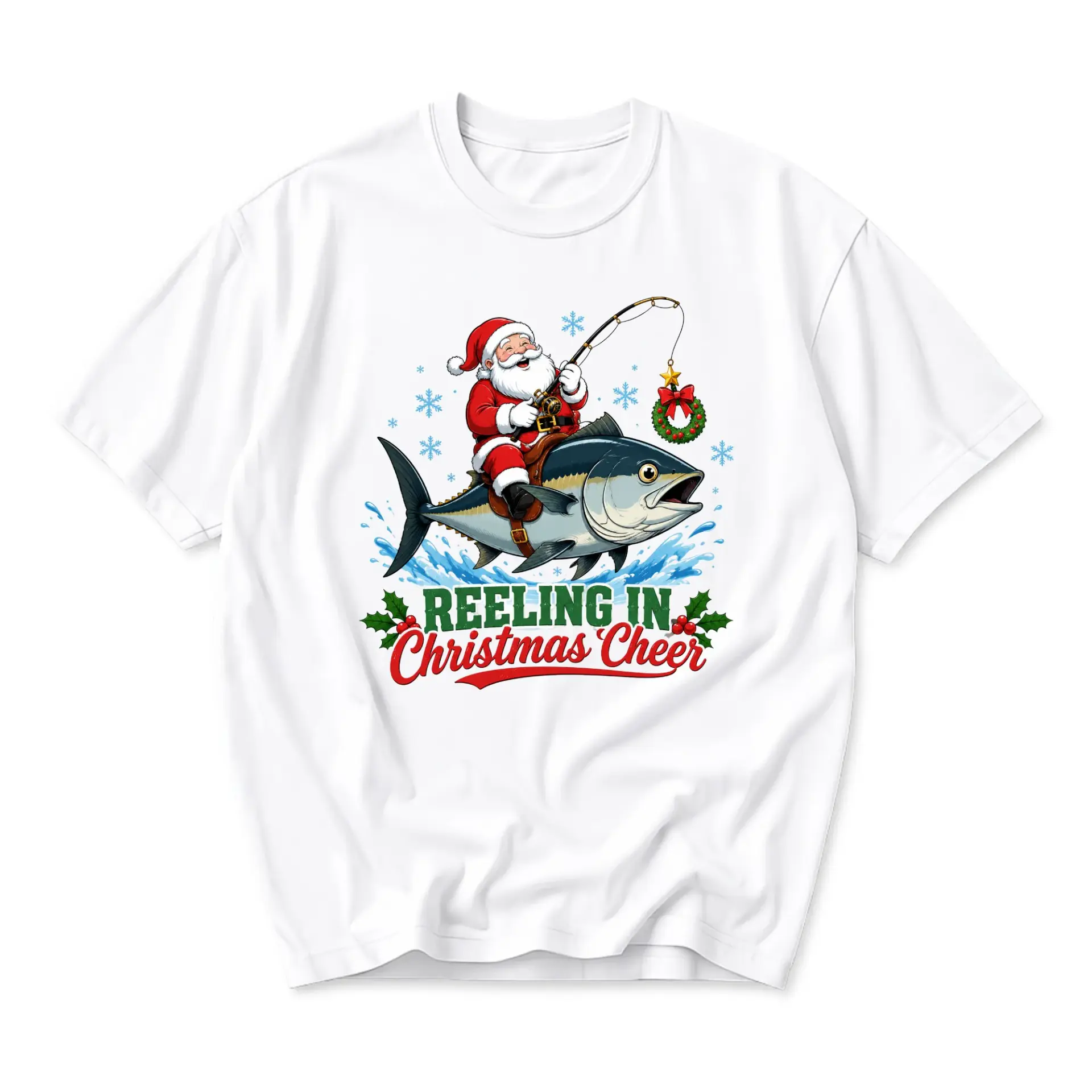 Funny Shirt Reeling in Christmas Cheer Graphic Tee Santa Claus Fishing Unisex Casual Cotton Crew Neck Short Sleeve