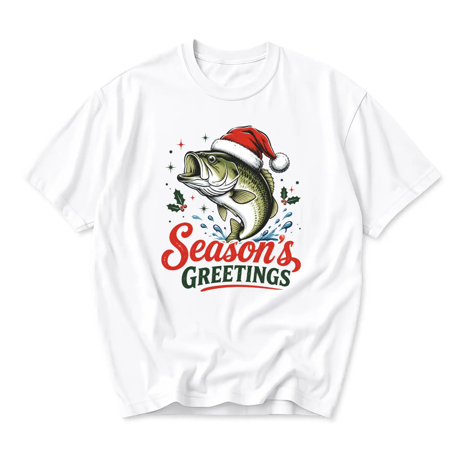 Funny Shirt Season Greetings Fishing Lover Holiday Gift Unisex Graphic Printed T-Shirt for Casual Wear Everyday Outfit